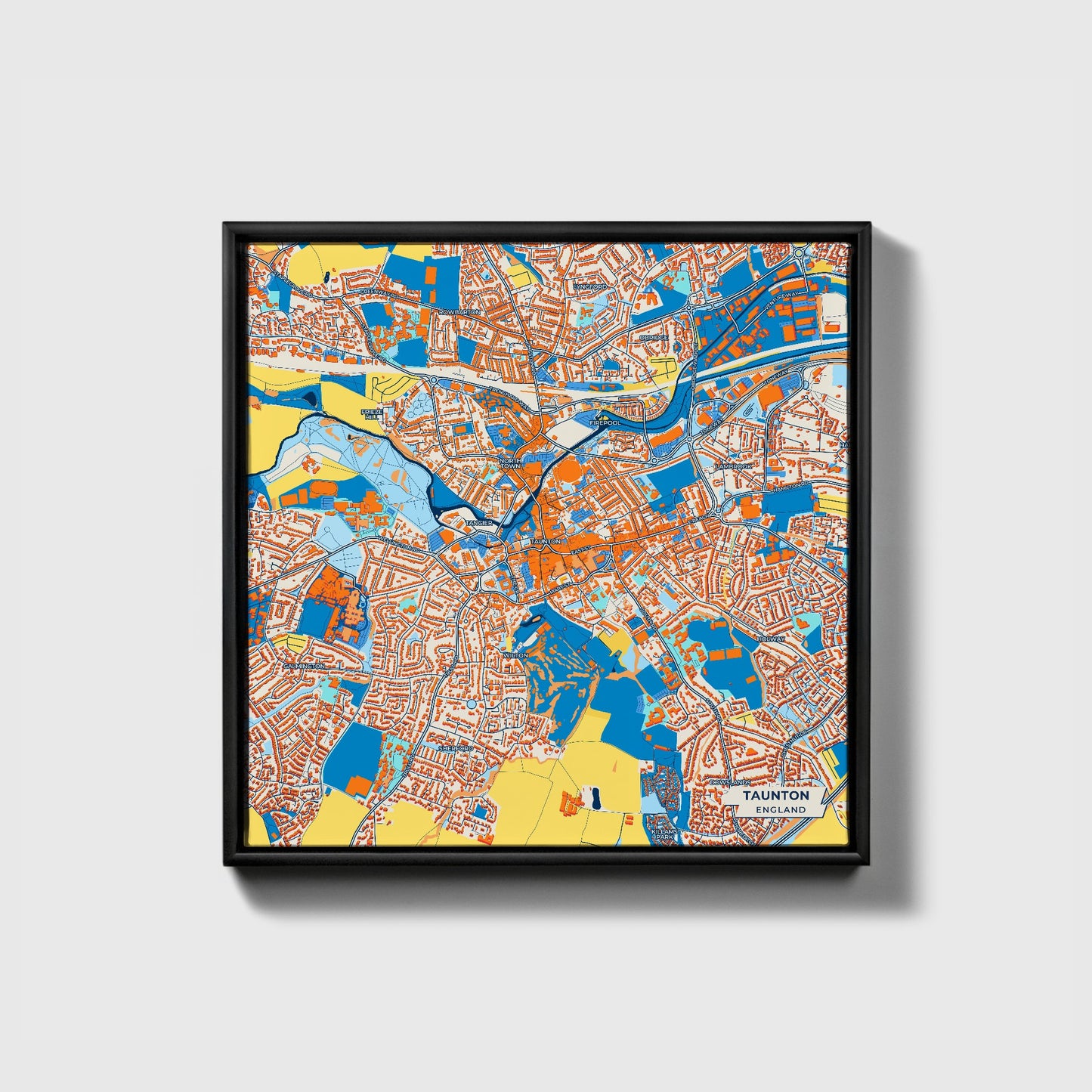 Taunton England Colorful City Map Canvas Print • Black Framed