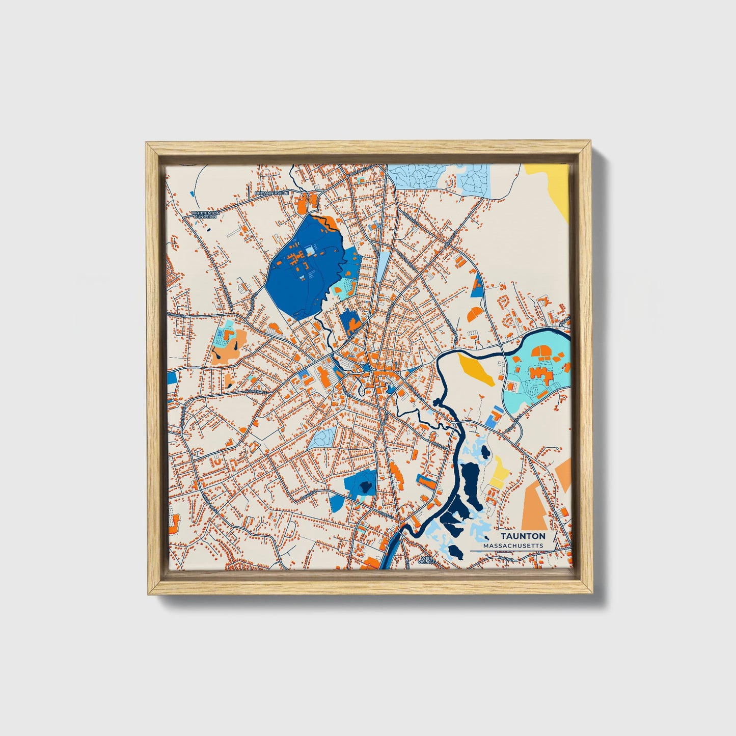 Taunton Massachusetts Colorful City Map Canvas Print • Natural Wooden Framed
