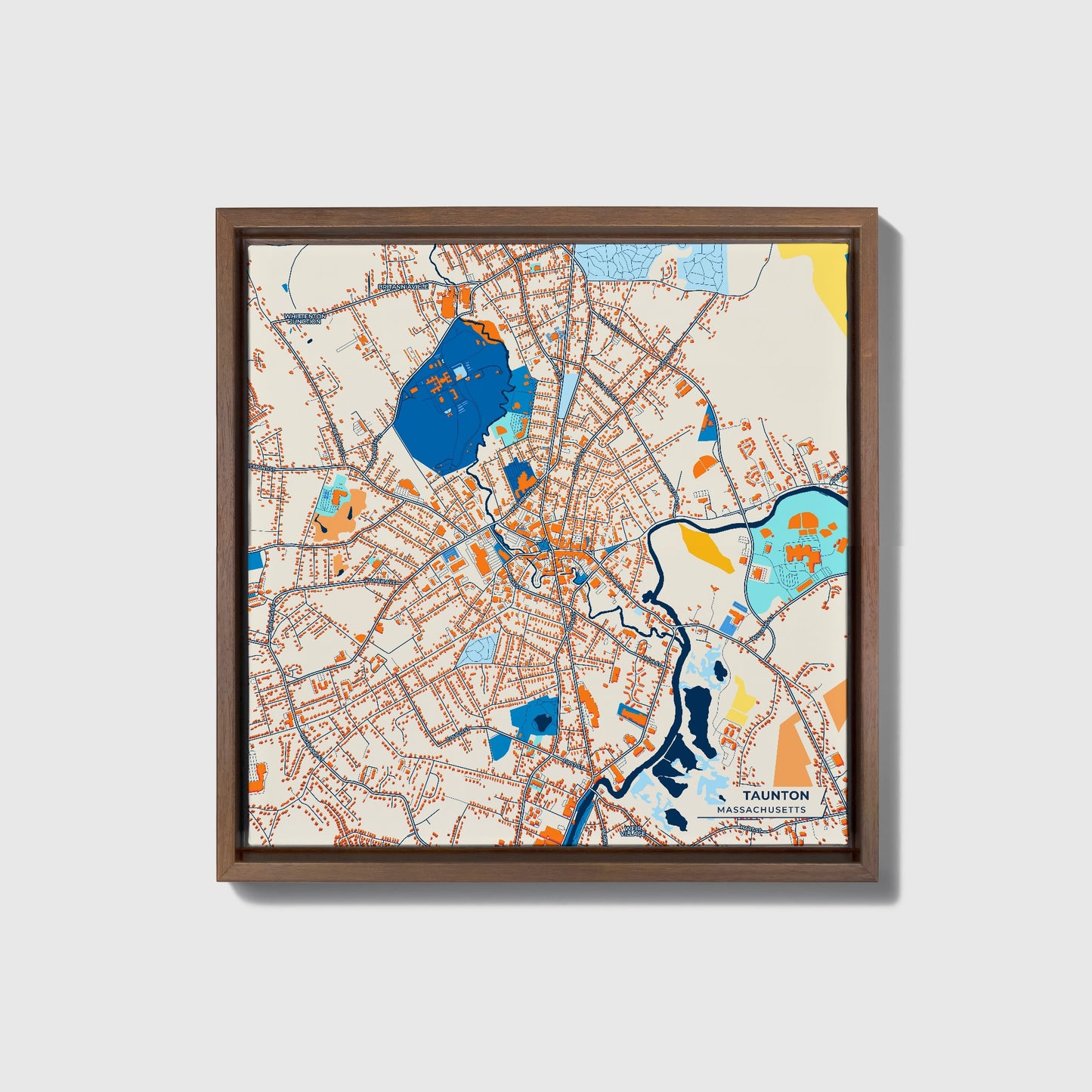 Taunton Massachusetts Colorful City Map Canvas Print • Dark Wooden Framed