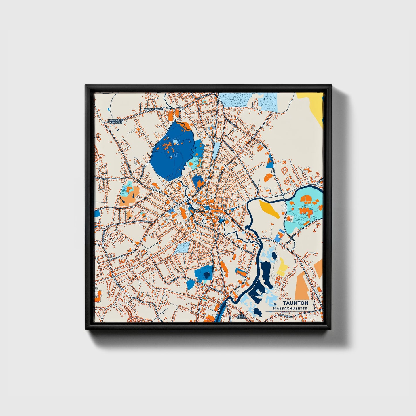 Taunton Massachusetts Colorful City Map Canvas Print • Black Framed
