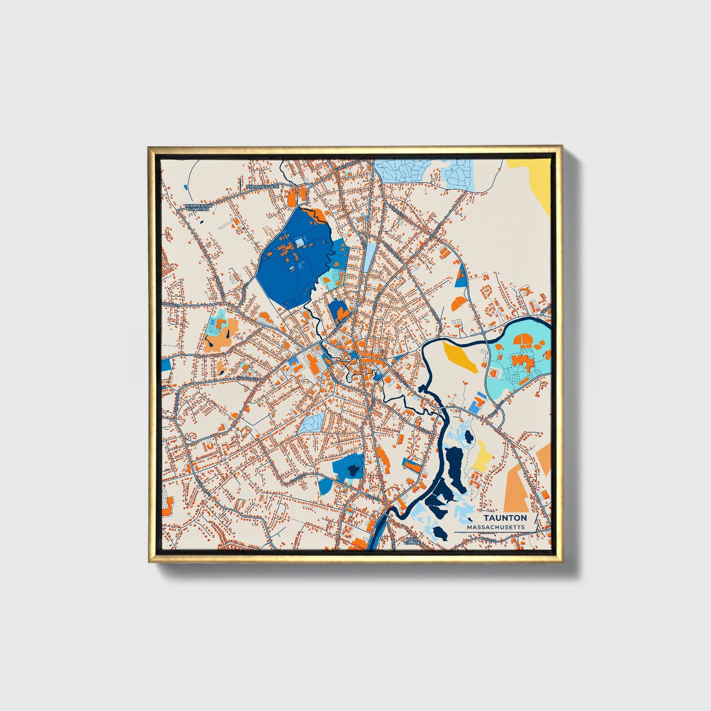 Taunton Massachusetts Colorful City Map Canvas Print • Gold Framed