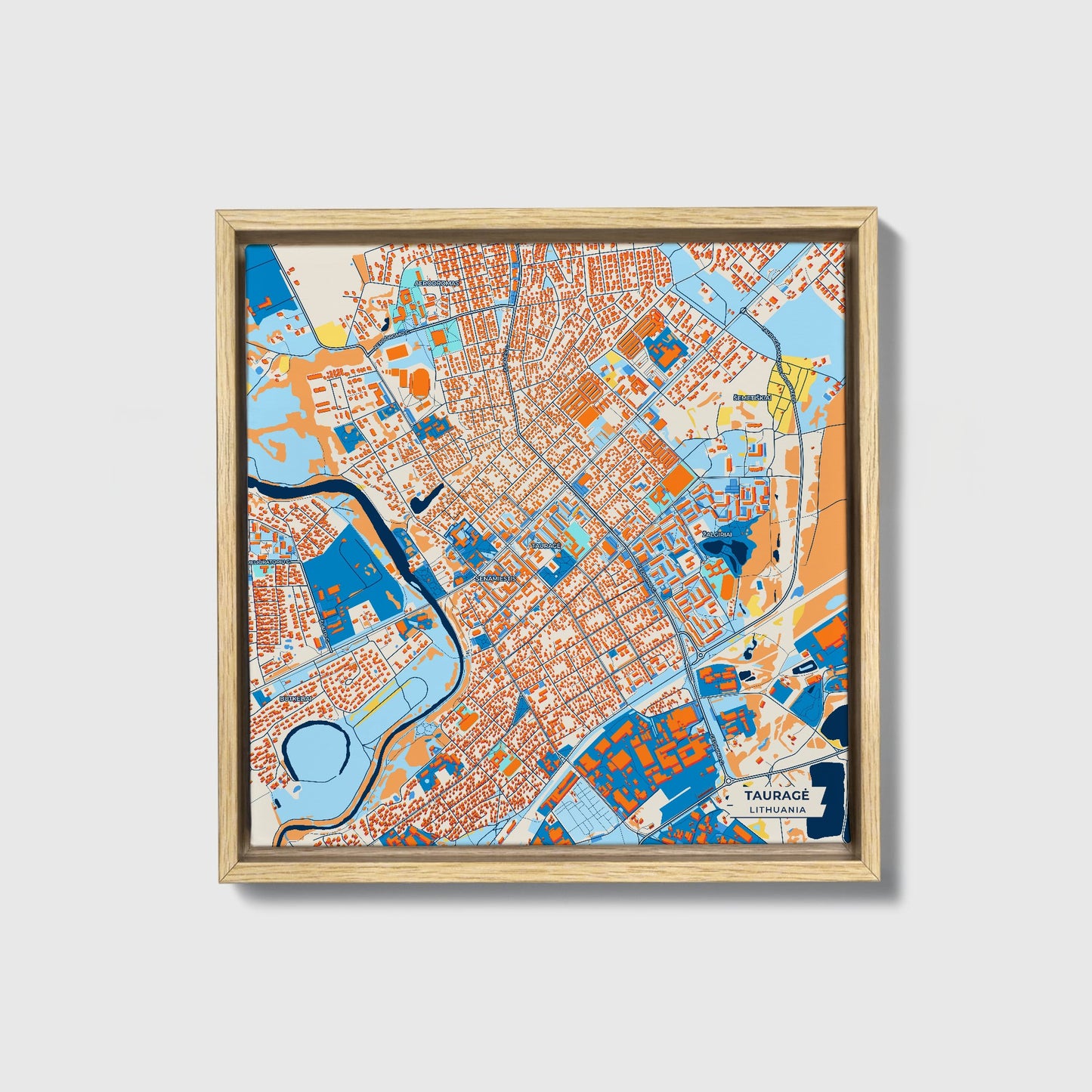 Tauragė Lithuania Colorful City Map Canvas Print • Natural Wooden Framed