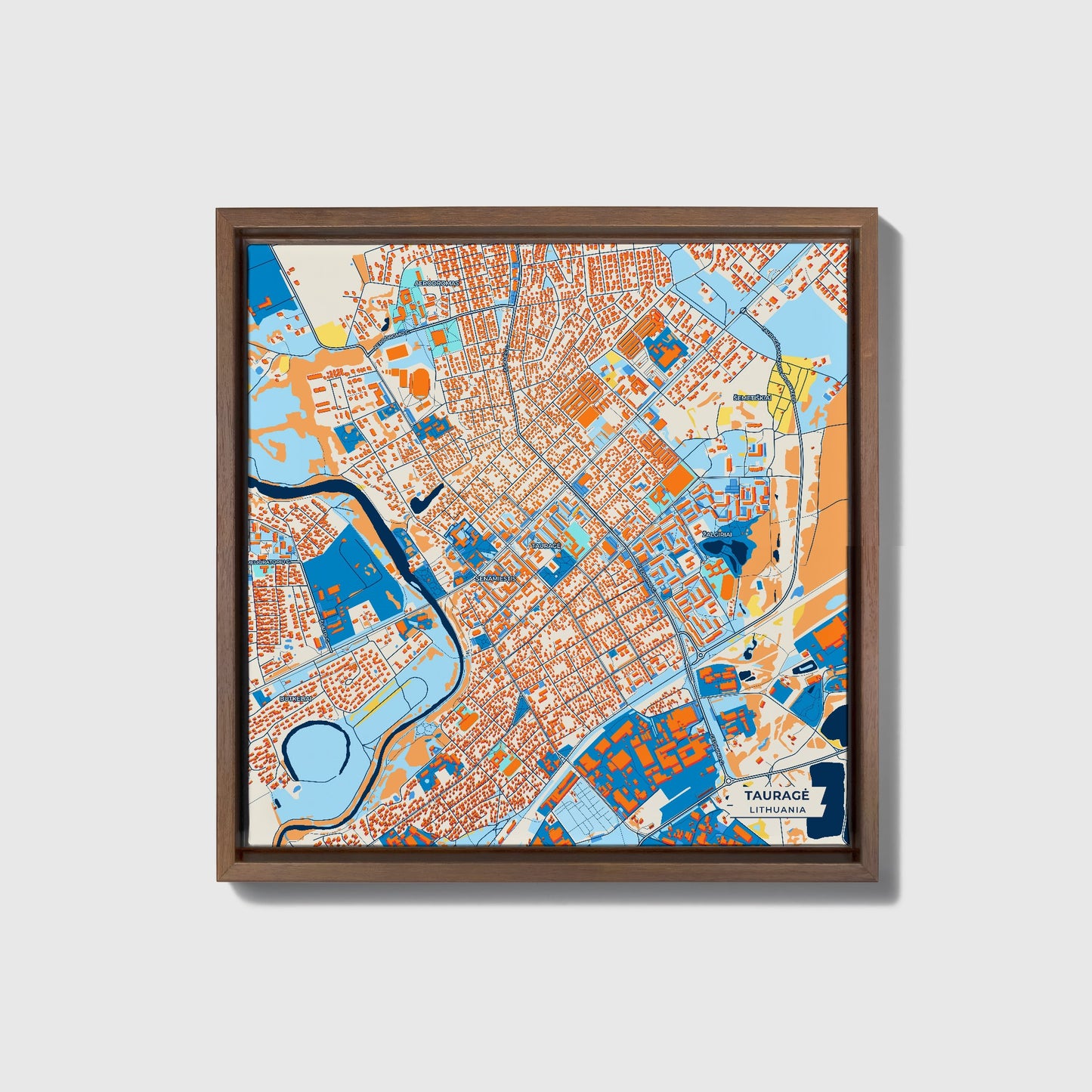 Tauragė Lithuania Colorful City Map Canvas Print • Dark Wooden Framed