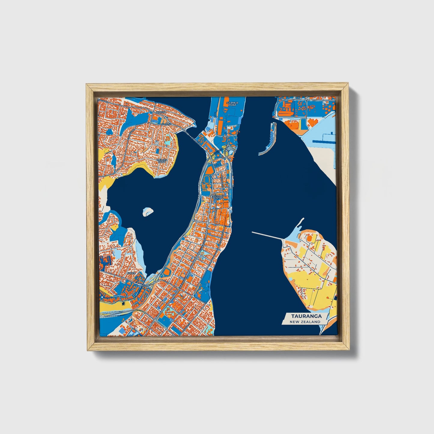 Tauranga New Zealand Colorful City Map Canvas Print • Natural Wooden Framed