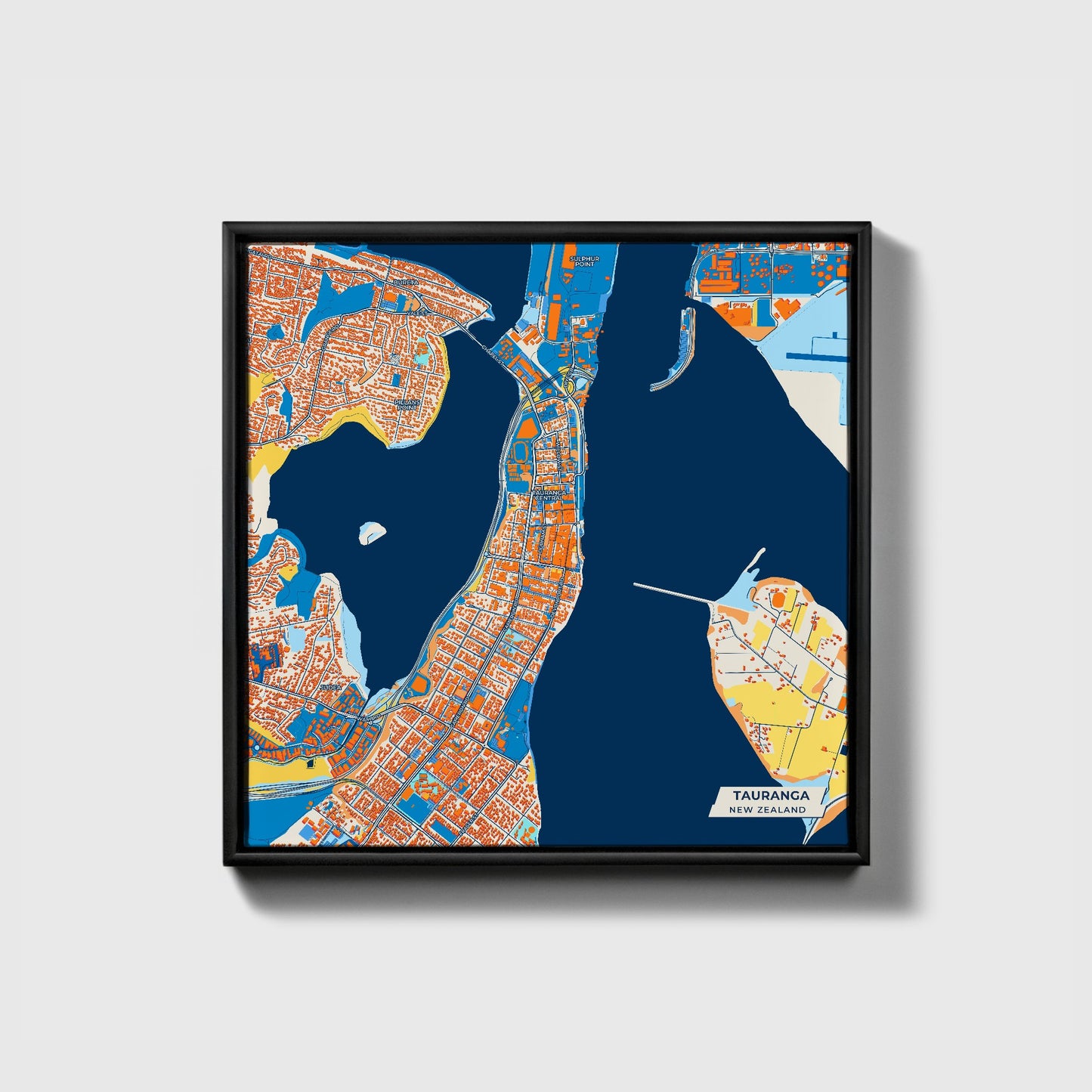 Tauranga New Zealand Colorful City Map Canvas Print • Black Framed