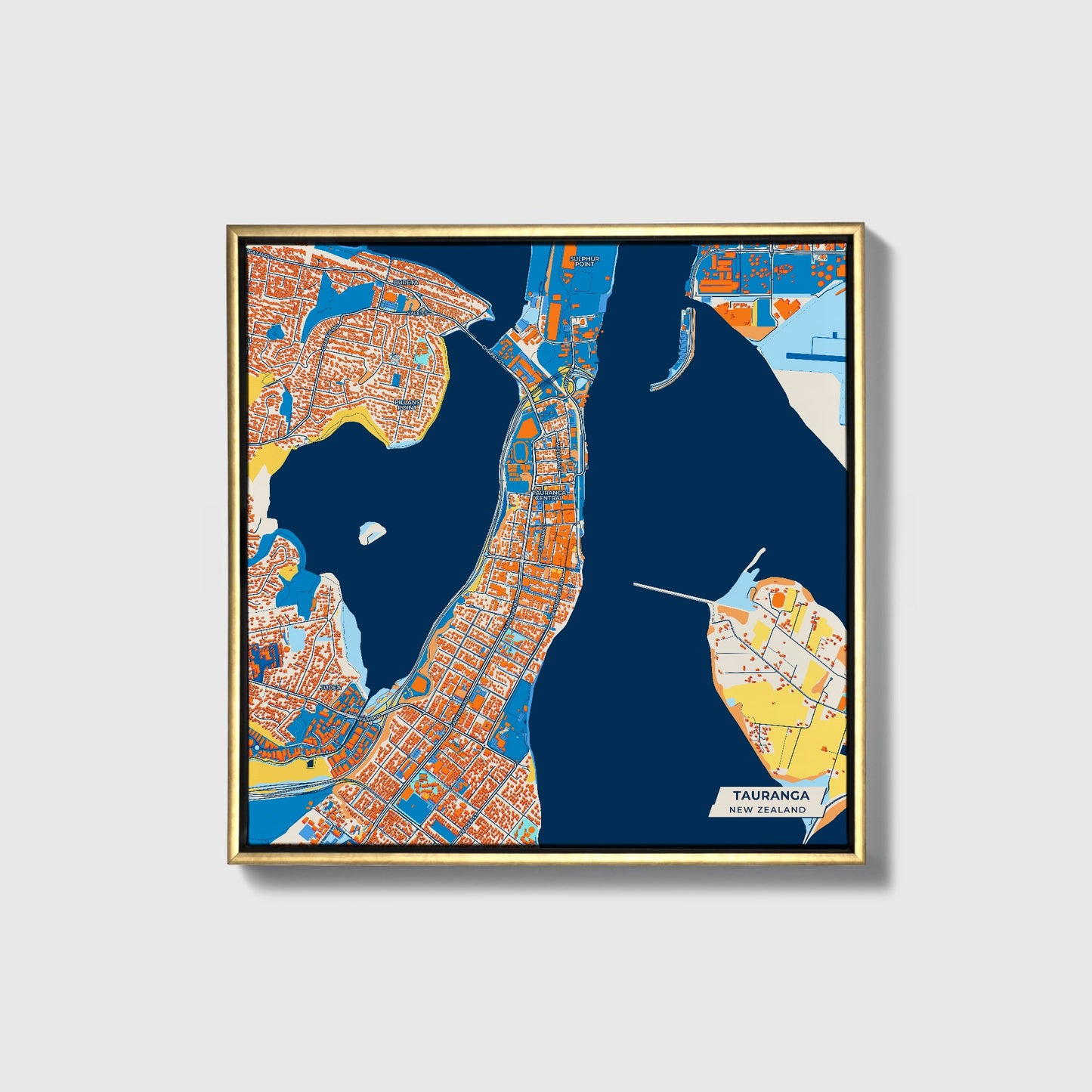 Tauranga New Zealand Colorful City Map Canvas Print • Gold Framed