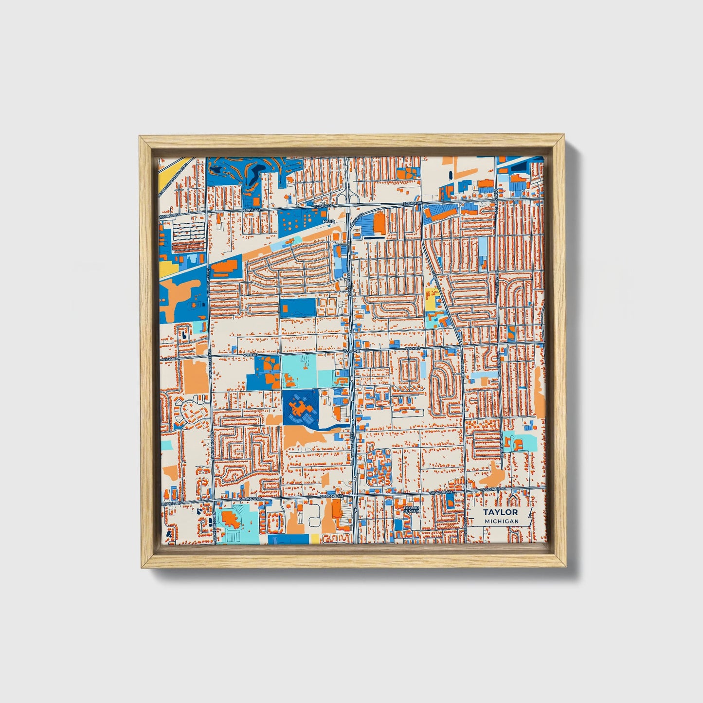 Taylor Michigan Colorful City Map Canvas Print • Natural Wooden Framed