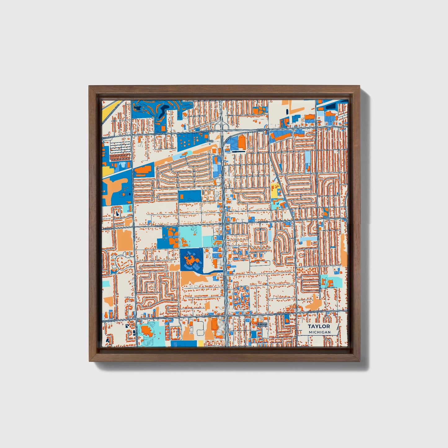 Taylor Michigan Colorful City Map Canvas Print • Dark Wooden Framed