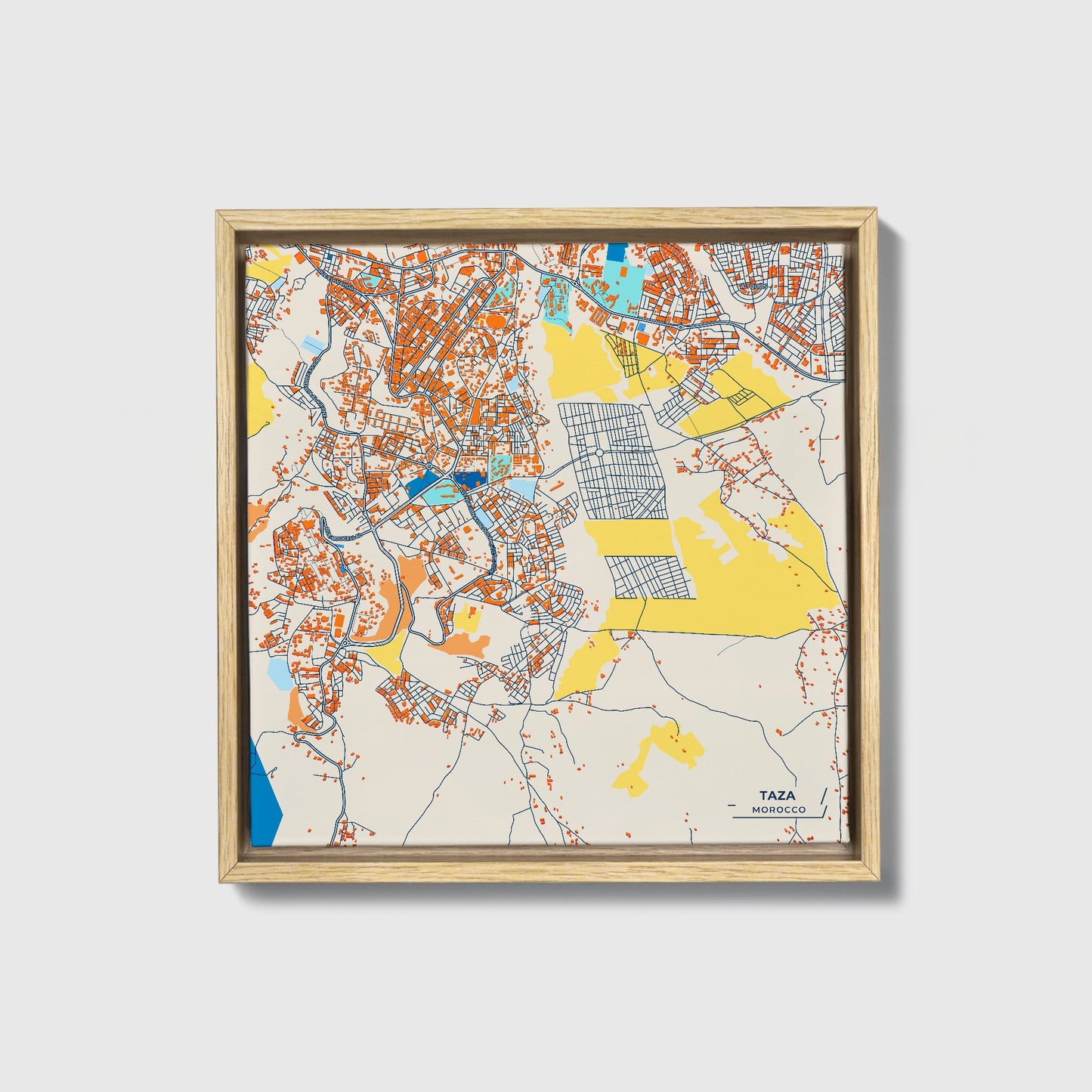 Taza Morocco Colorful City Map Canvas Print • Natural Wooden Framed