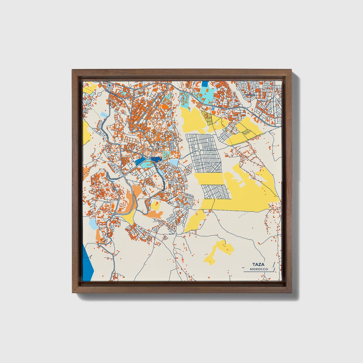 Taza Morocco Colorful City Map Canvas Print • Dark Wooden Framed