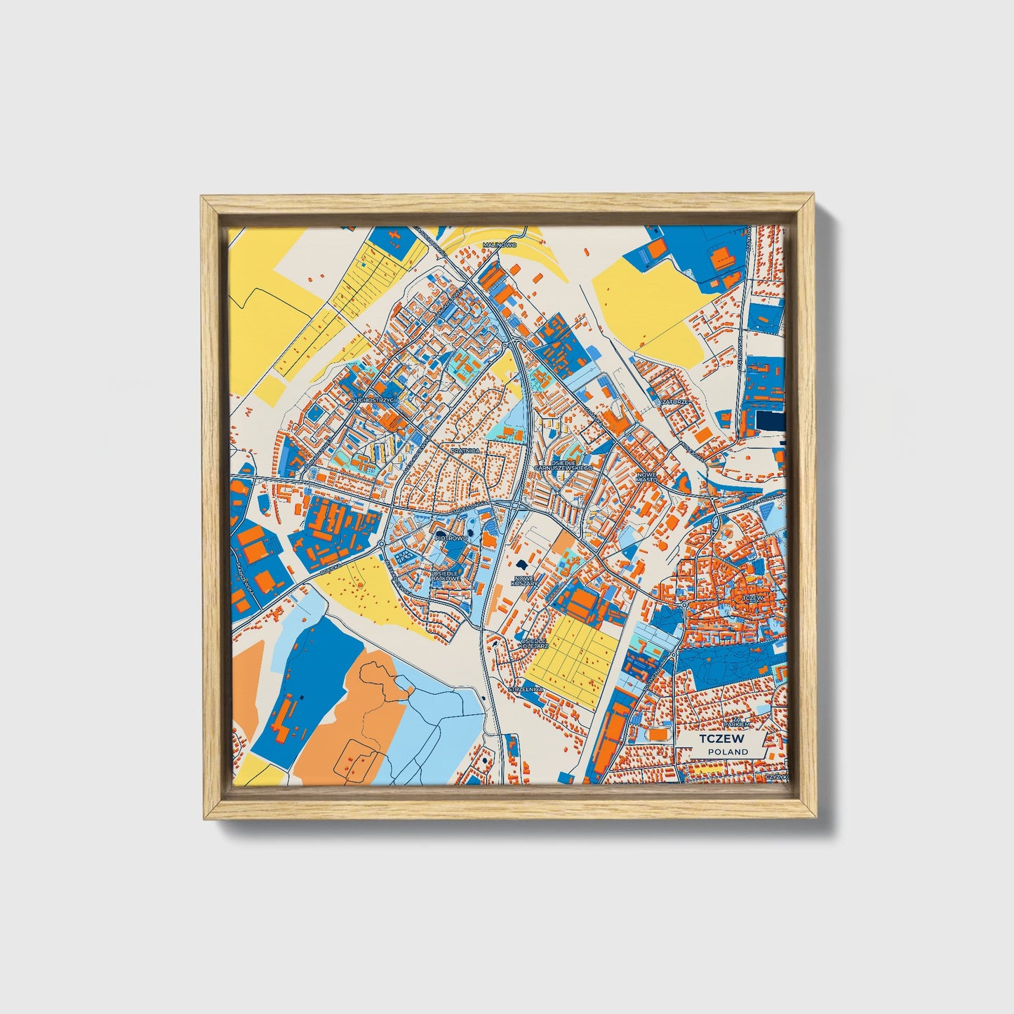 Tczew Poland Colorful City Map Canvas Print • Natural Wooden Framed