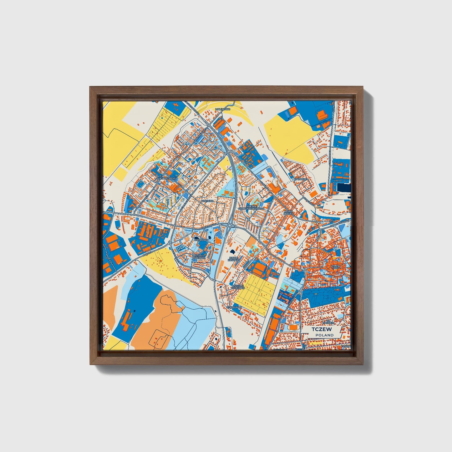 Tczew Poland Colorful City Map Canvas Print • Dark Wooden Framed