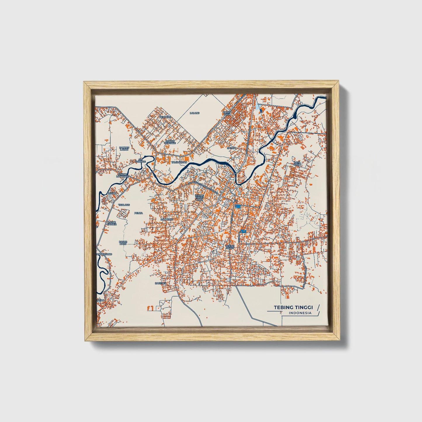 Tebing Tinggi Indonesia Colorful City Map Canvas Print • Natural Wooden Framed