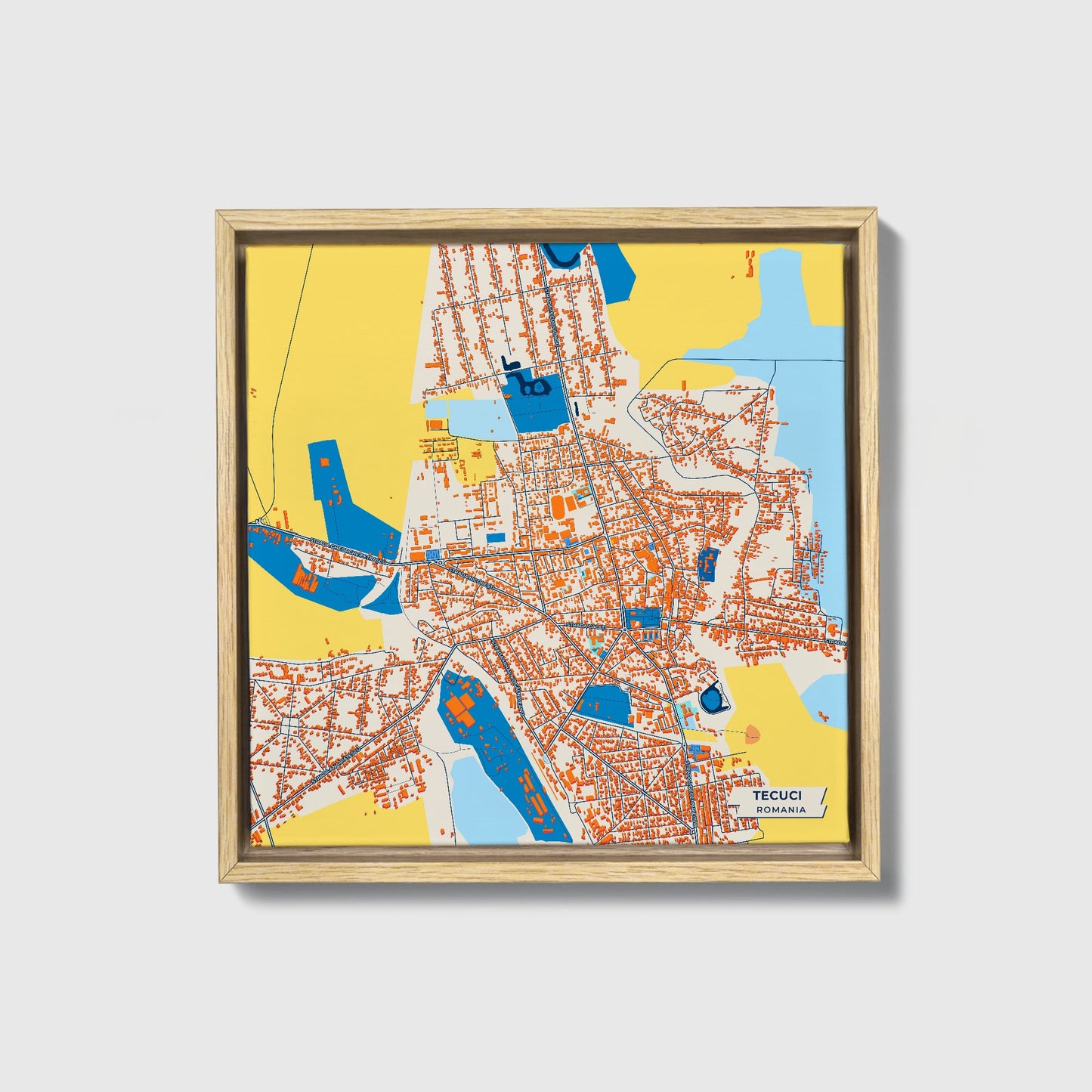 Tecuci Romania Colorful City Map Canvas Print • Natural Wooden Framed