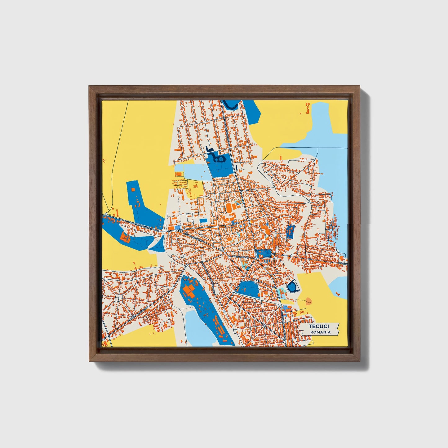 Tecuci Romania Colorful City Map Canvas Print • Dark Wooden Framed
