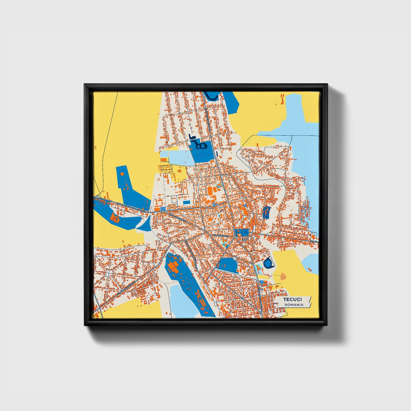 Tecuci Romania Colorful City Map Canvas Print • Black Framed