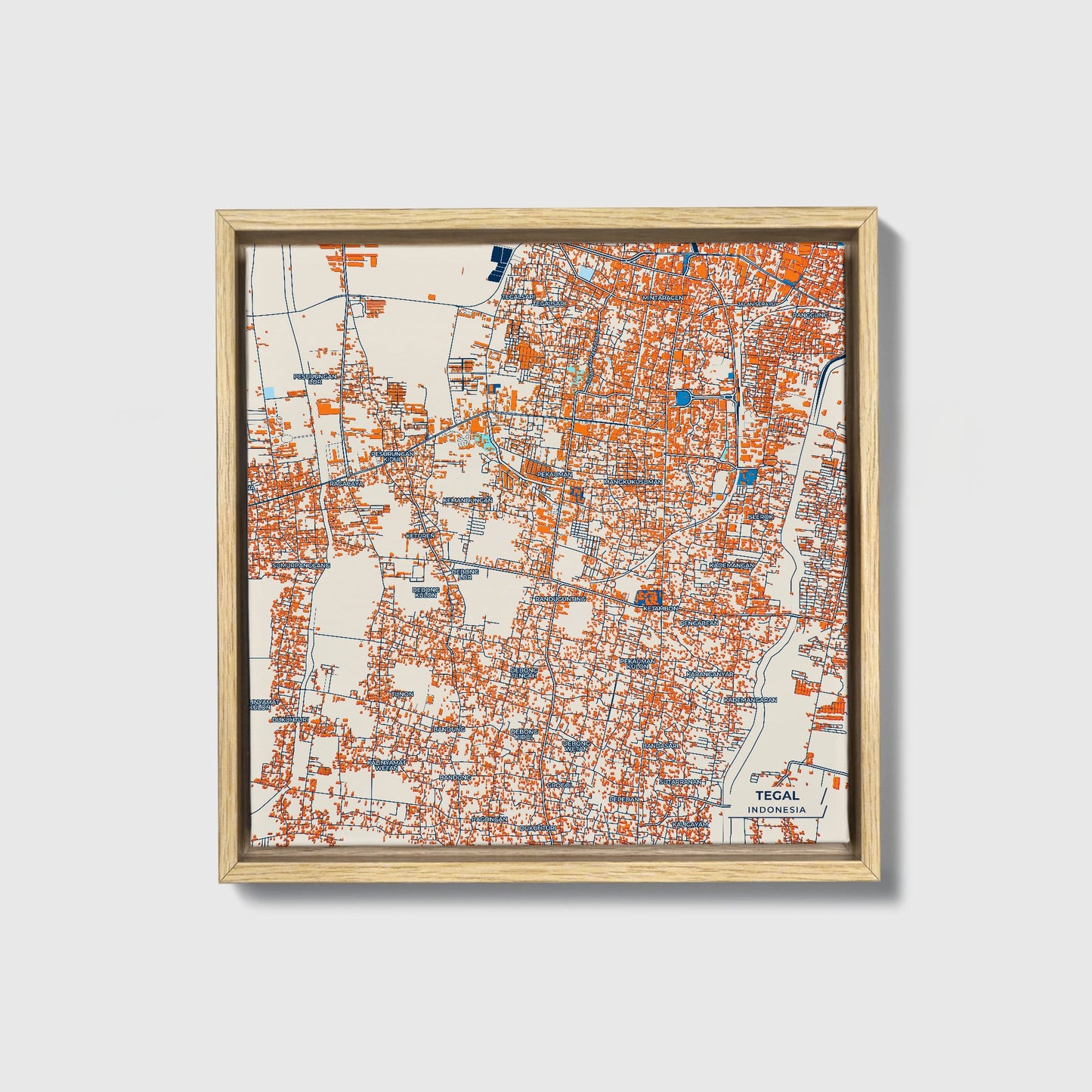 Tegal Indonesia Colorful City Map Canvas Print • Natural Wooden Framed