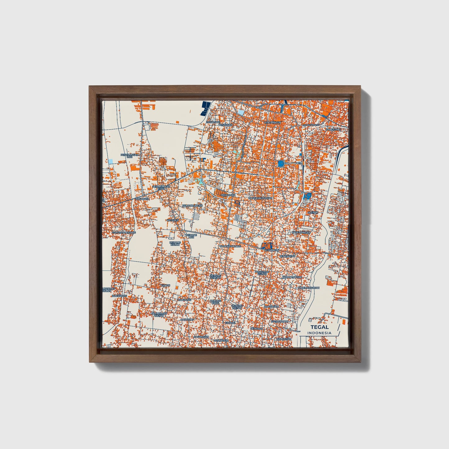 Tegal Indonesia Colorful City Map Canvas Print • Dark Wooden Framed