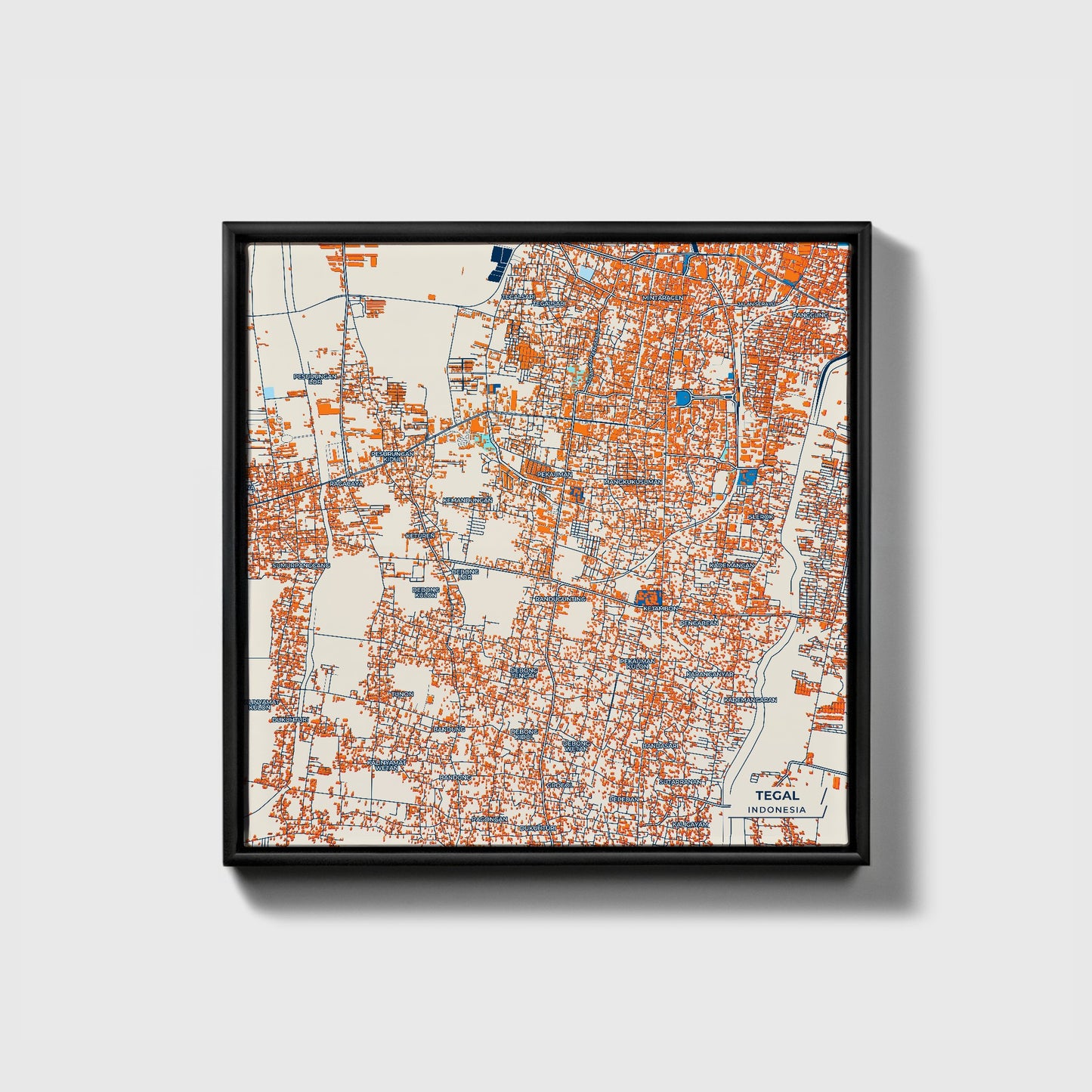 Tegal Indonesia Colorful City Map Canvas Print • Black Framed