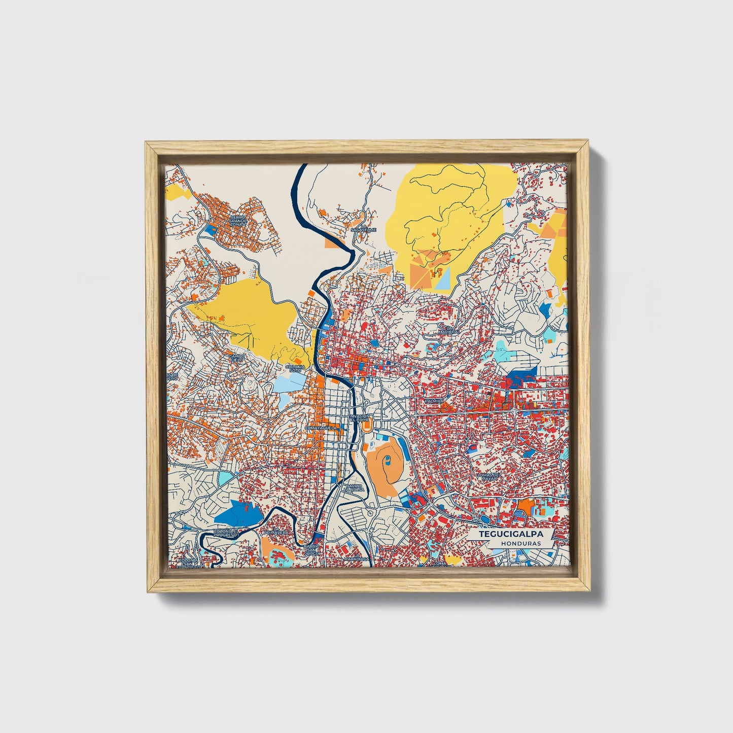 Tegucigalpa Honduras Colorful City Map Canvas Print • Natural Wooden Framed