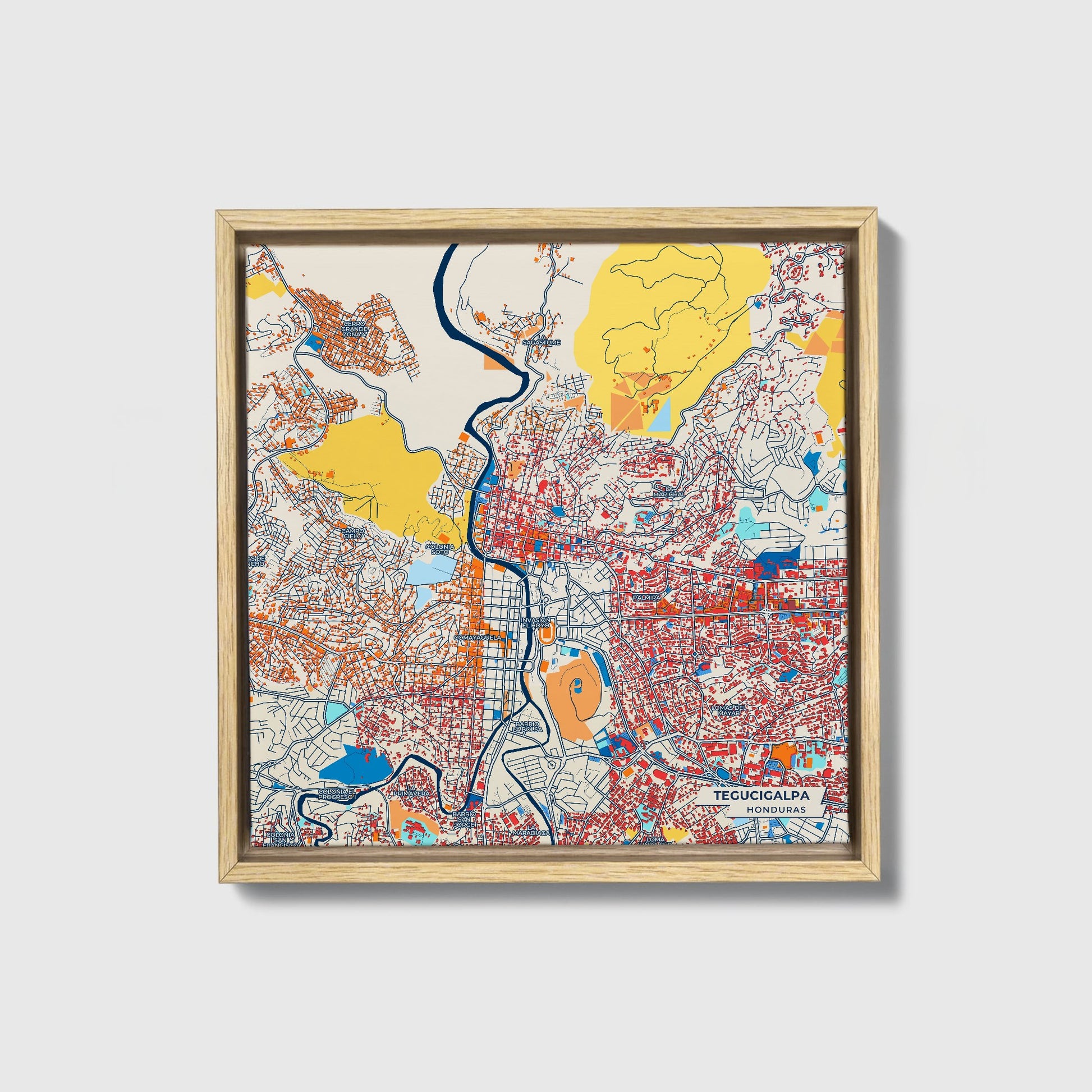 Tegucigalpa Honduras Colorful City Map Canvas Print • Natural Wooden Framed