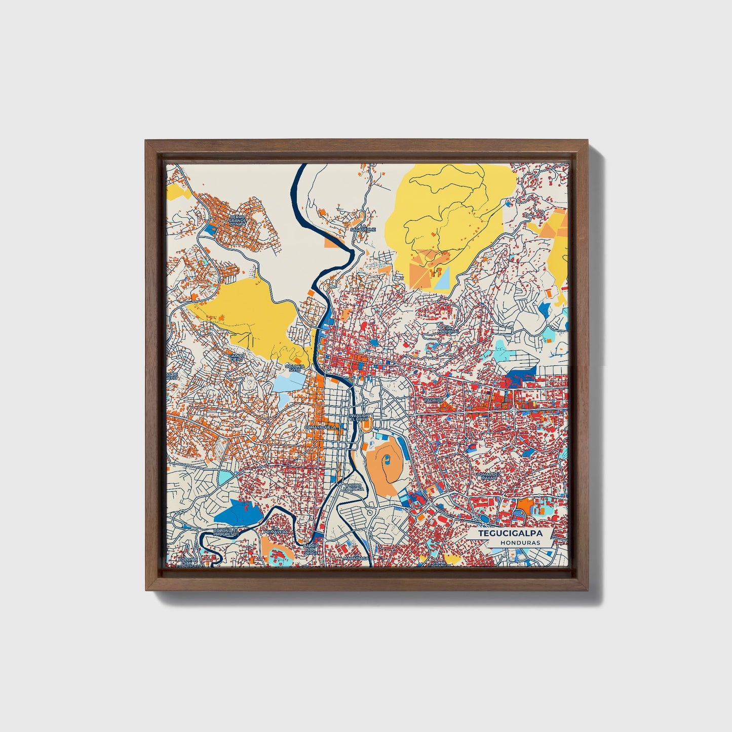 Tegucigalpa Honduras Colorful City Map Canvas Print • Dark Wooden Framed