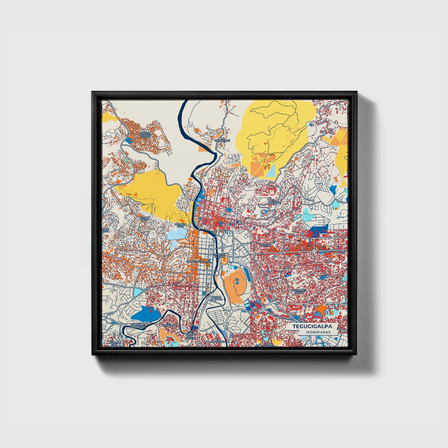 Tegucigalpa Honduras Colorful City Map Canvas Print • Black Framed