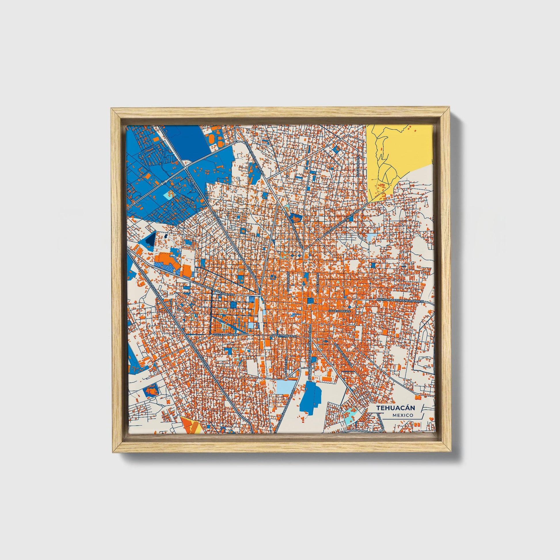 Tehuacán Mexico Colorful City Map Canvas Print • Natural Wooden Framed
