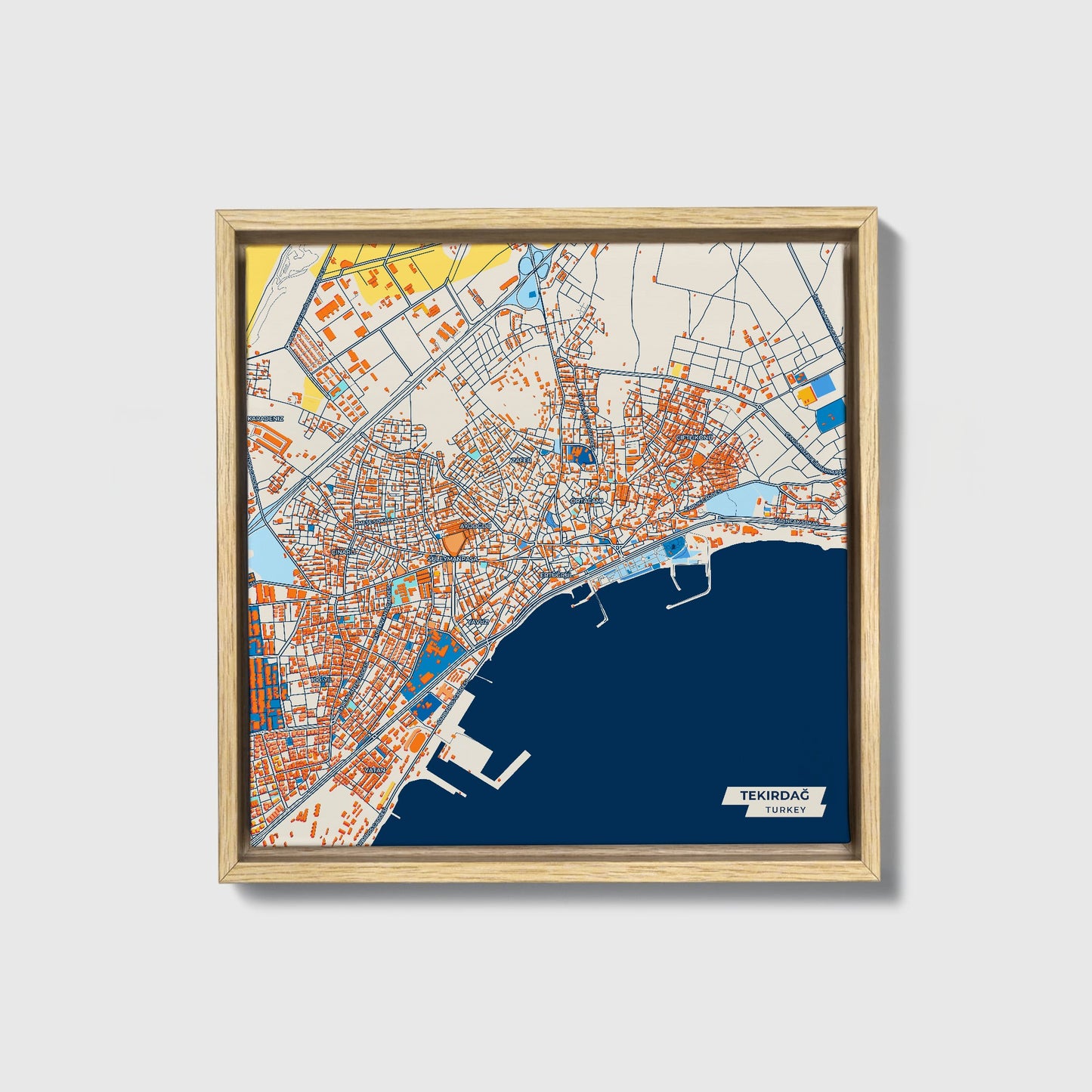 Teki̇rdağ Turkey Colorful City Map Canvas Print • Natural Wooden Framed