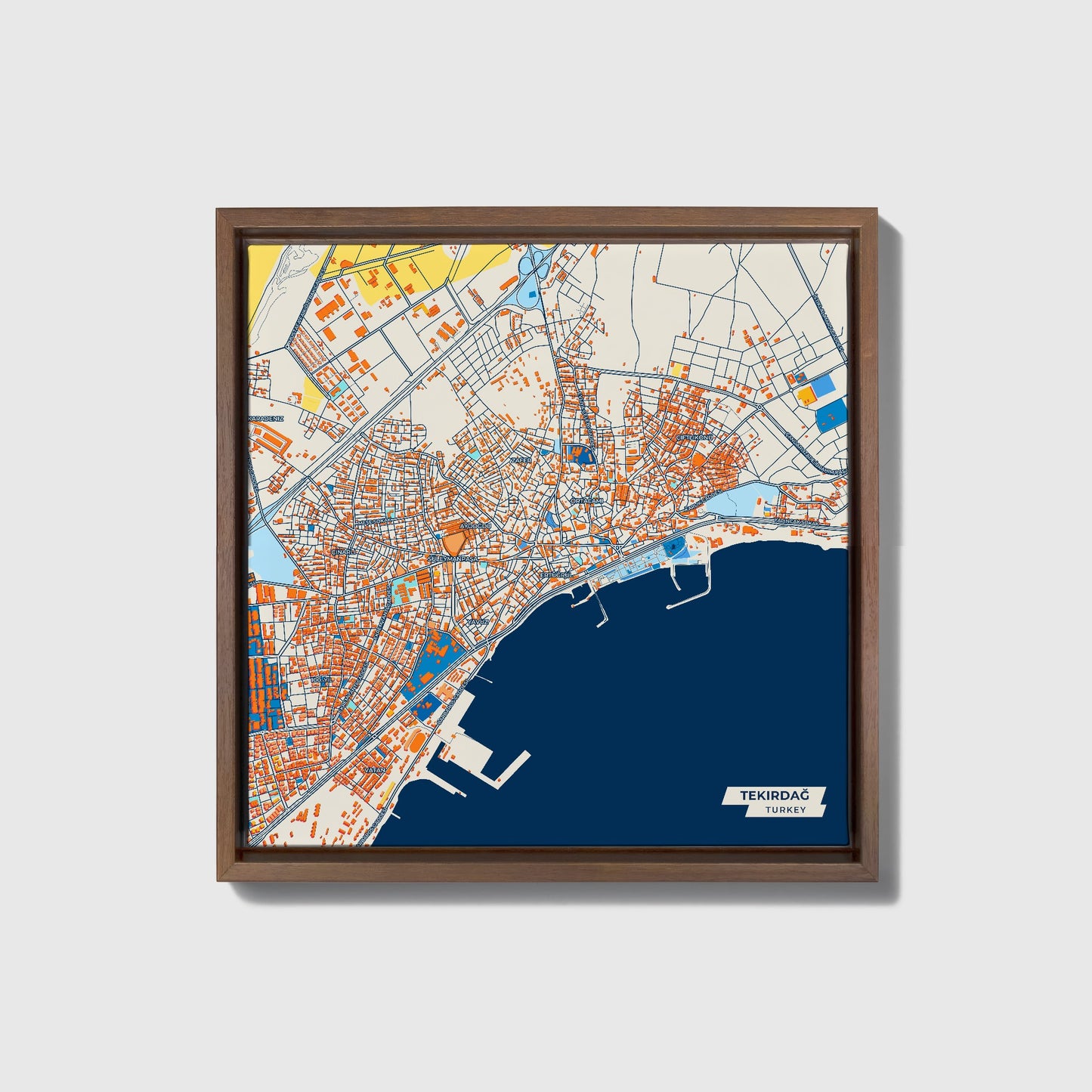 Teki̇rdağ Turkey Colorful City Map Canvas Print • Dark Wooden Framed