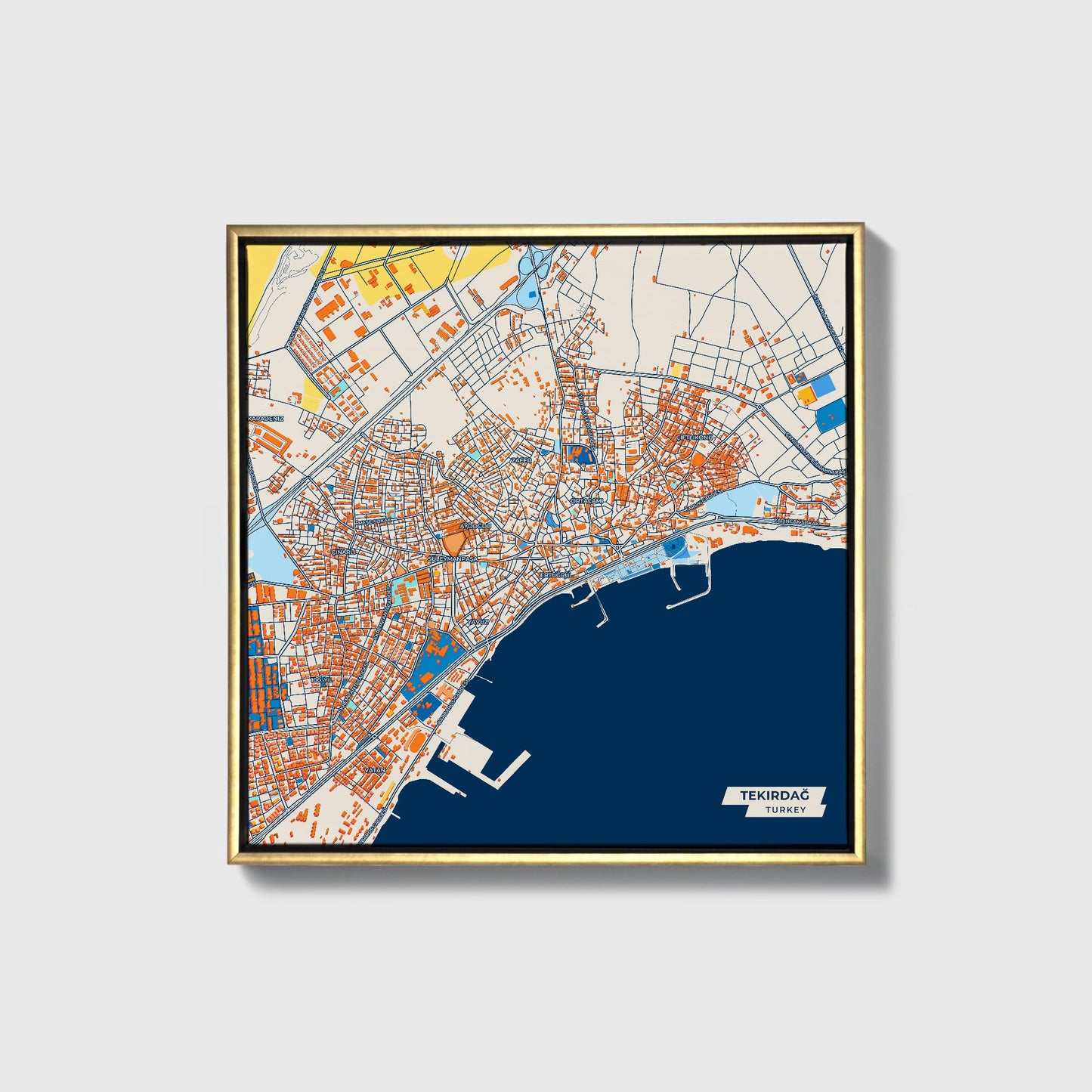 Teki̇rdağ Turkey Colorful City Map Canvas Print • Gold Framed