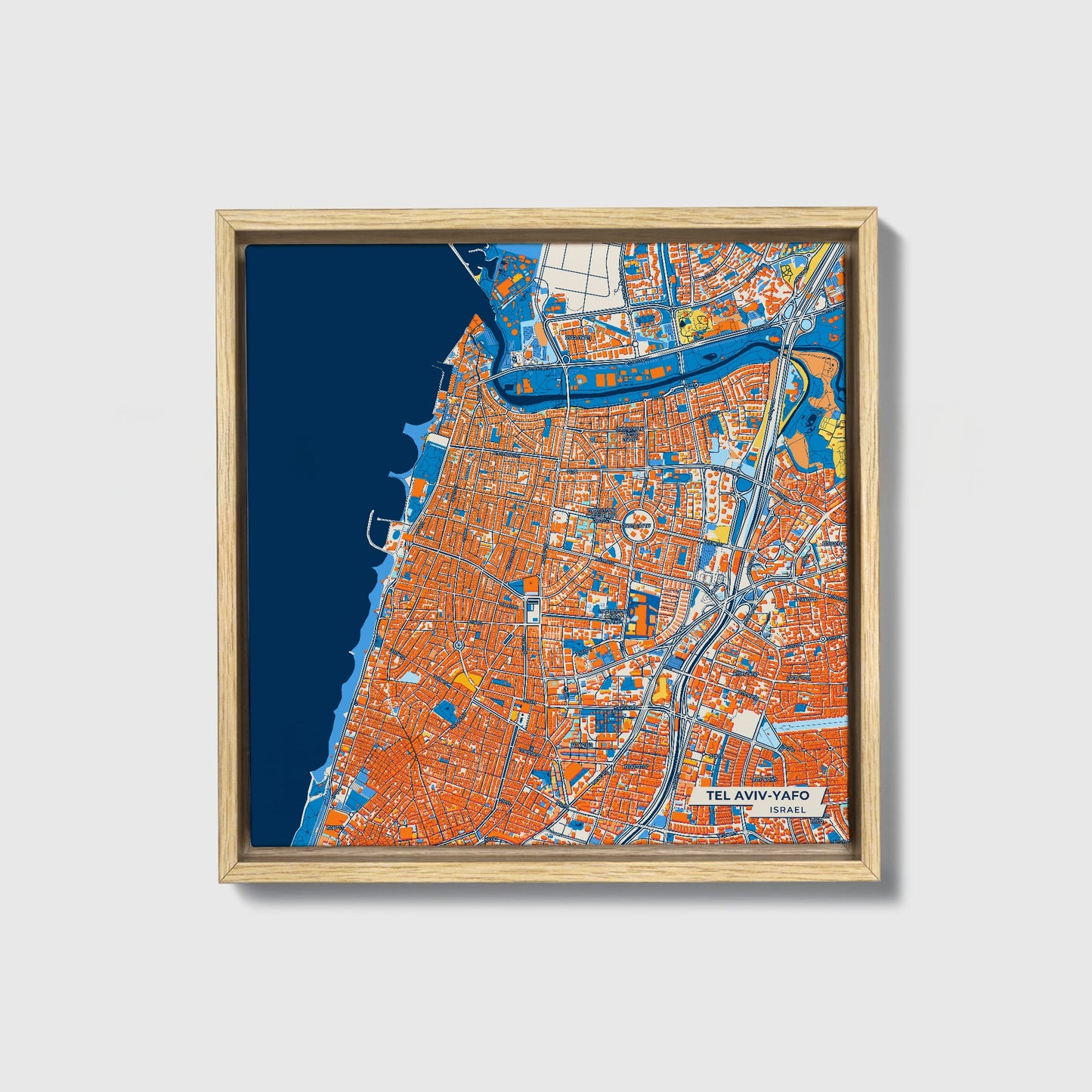 Tel Aviv-Yafo Israel Colorful City Map Canvas Print • Natural Wooden Framed