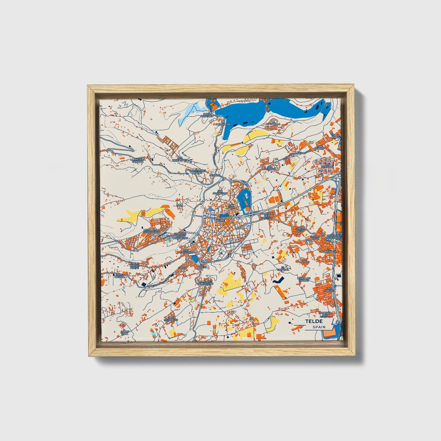 Telde Spain Colorful City Map Canvas Print • Natural Wooden Framed