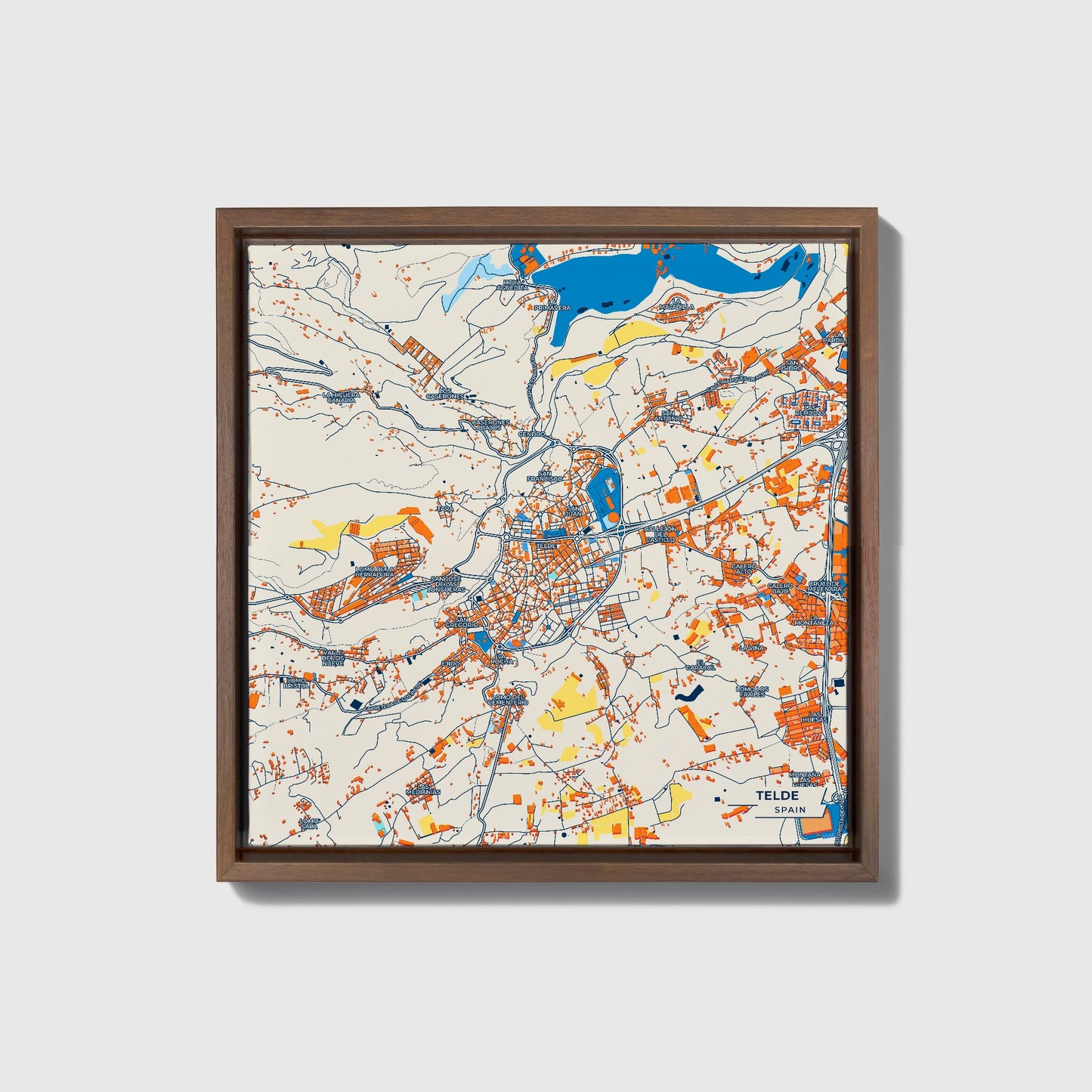 Telde Spain Colorful City Map Canvas Print • Dark Wooden Framed