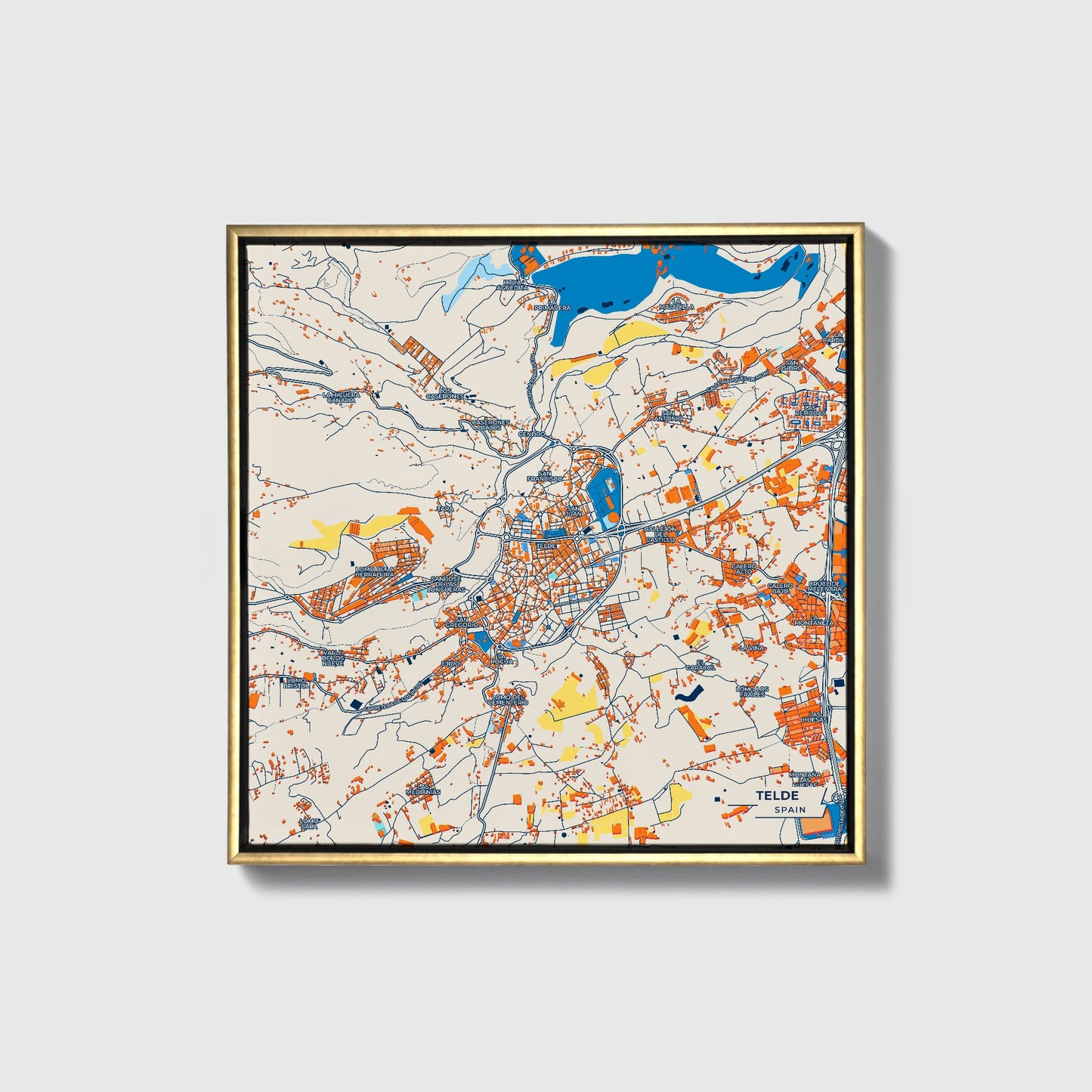 Telde Spain Colorful City Map Canvas Print • Gold Framed