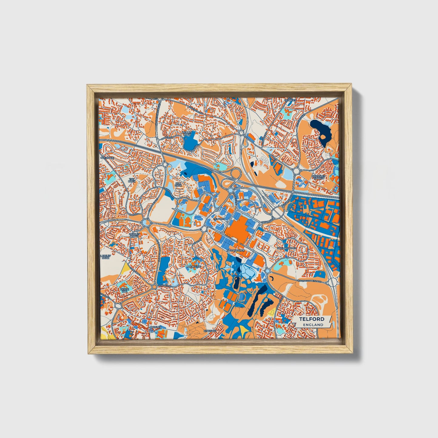 Telford England Colorful City Map Canvas Print • Natural Wooden Framed