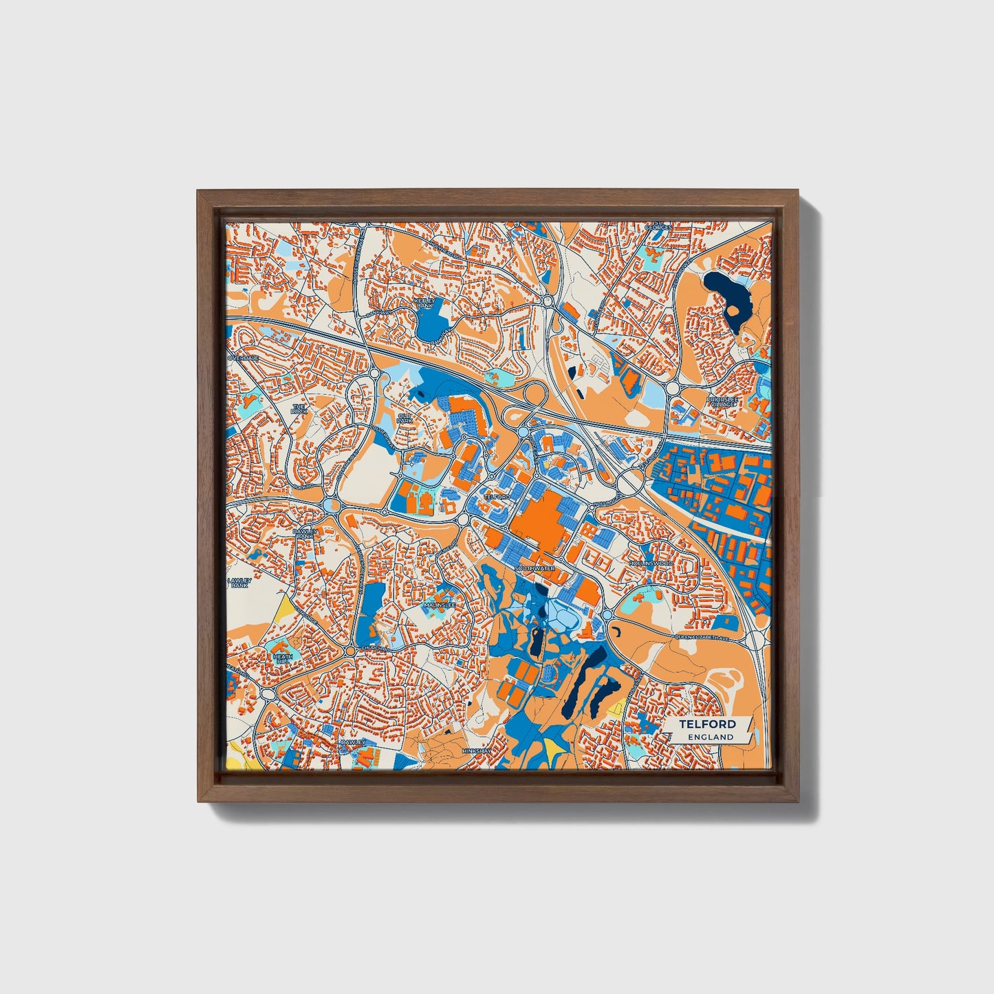 Telford England Colorful City Map Canvas Print • Dark Wooden Framed