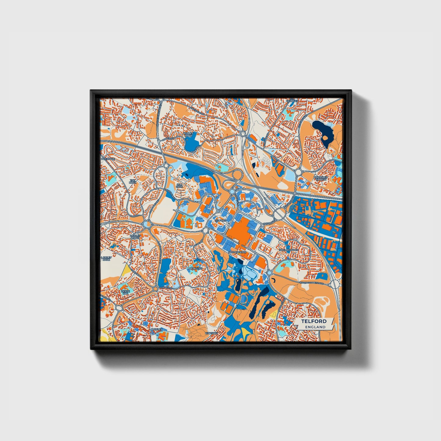 Telford England Colorful City Map Canvas Print • Black Framed