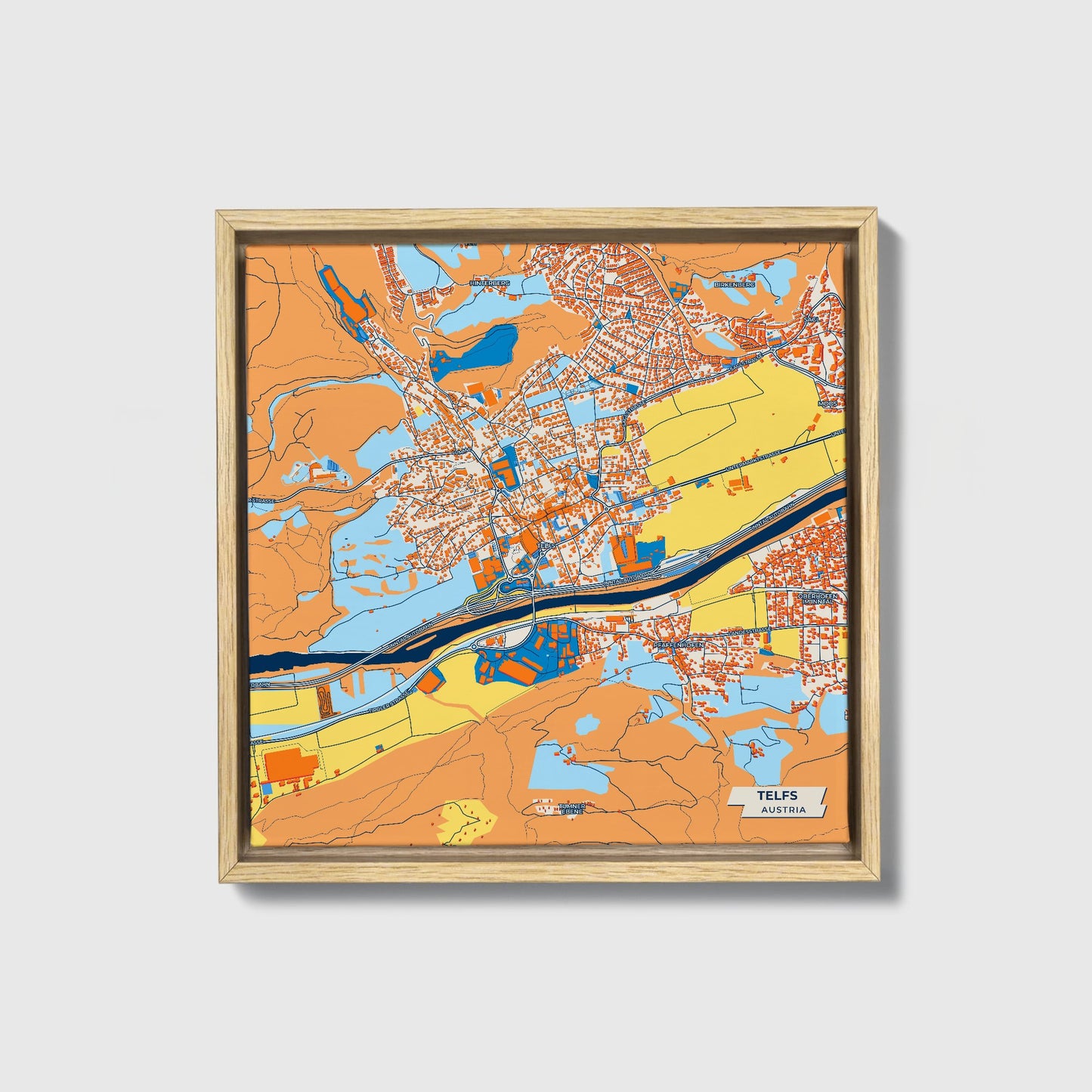 Telfs Austria Colorful City Map Canvas Print • Natural Wooden Framed