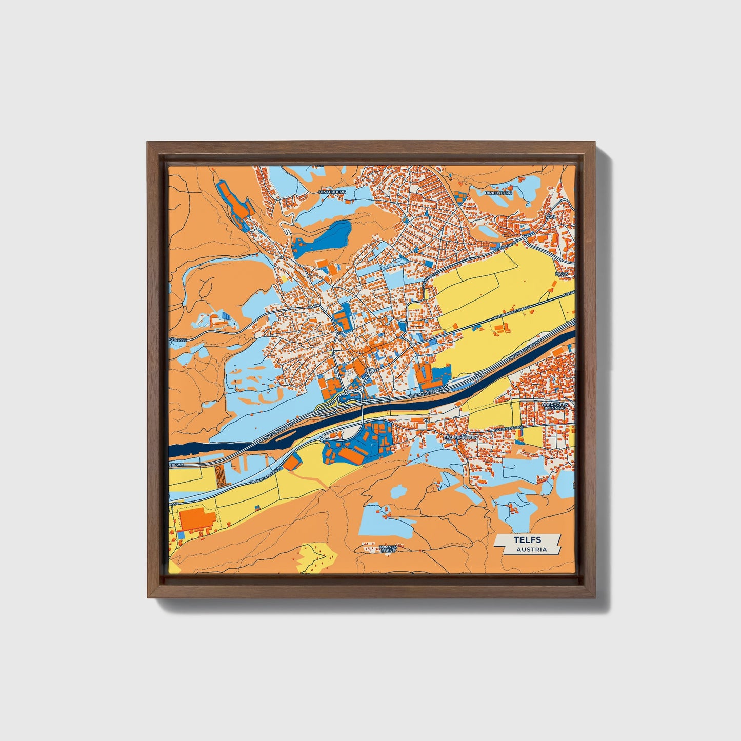 Telfs Austria Colorful City Map Canvas Print • Dark Wooden Framed