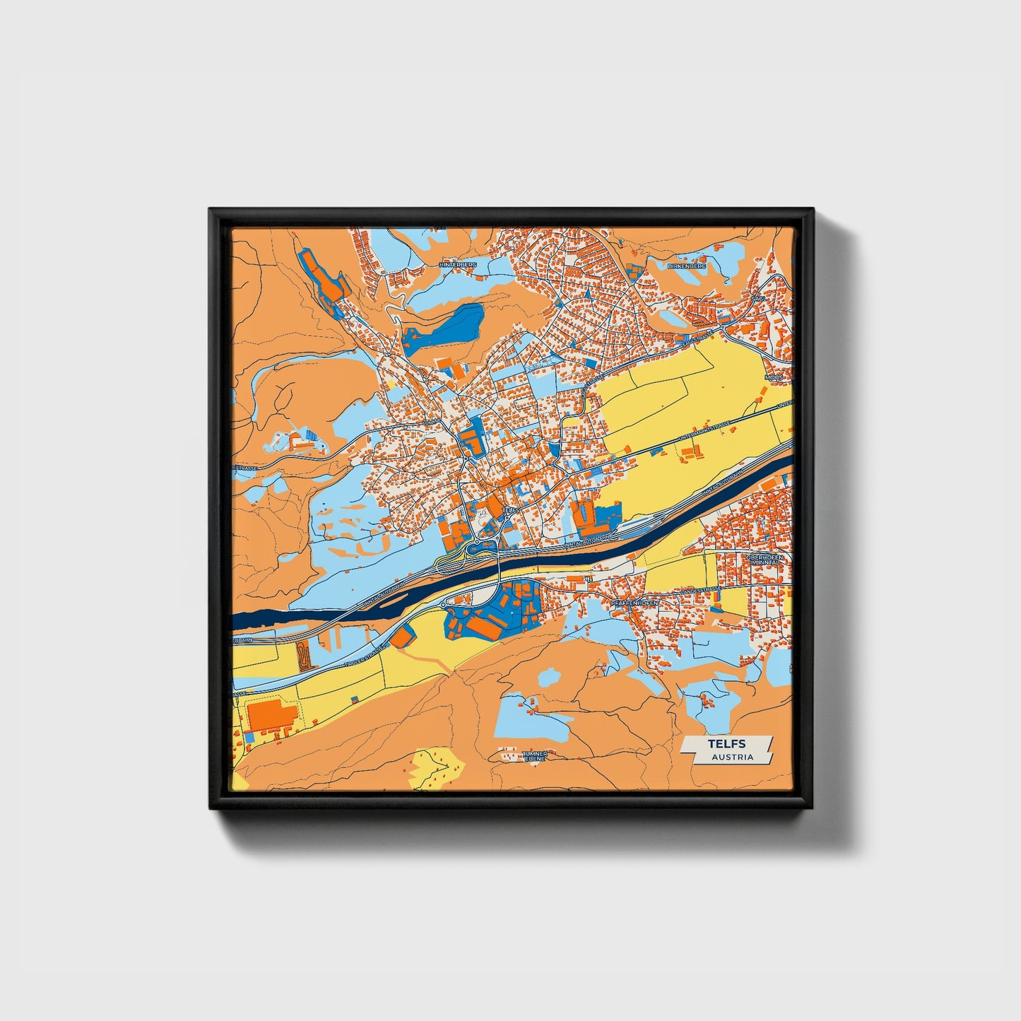 Telfs Austria Colorful City Map Canvas Print • Black Framed