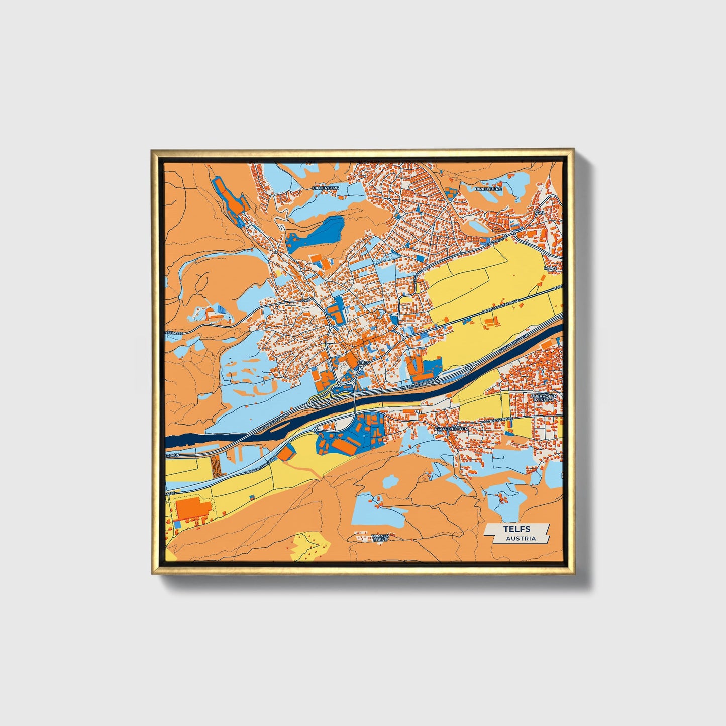 Telfs Austria Colorful City Map Canvas Print • Gold Framed