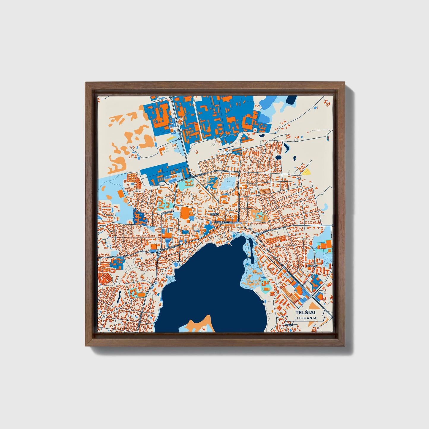 Telšiai Lithuania Colorful City Map Canvas Print • Dark Wooden Framed