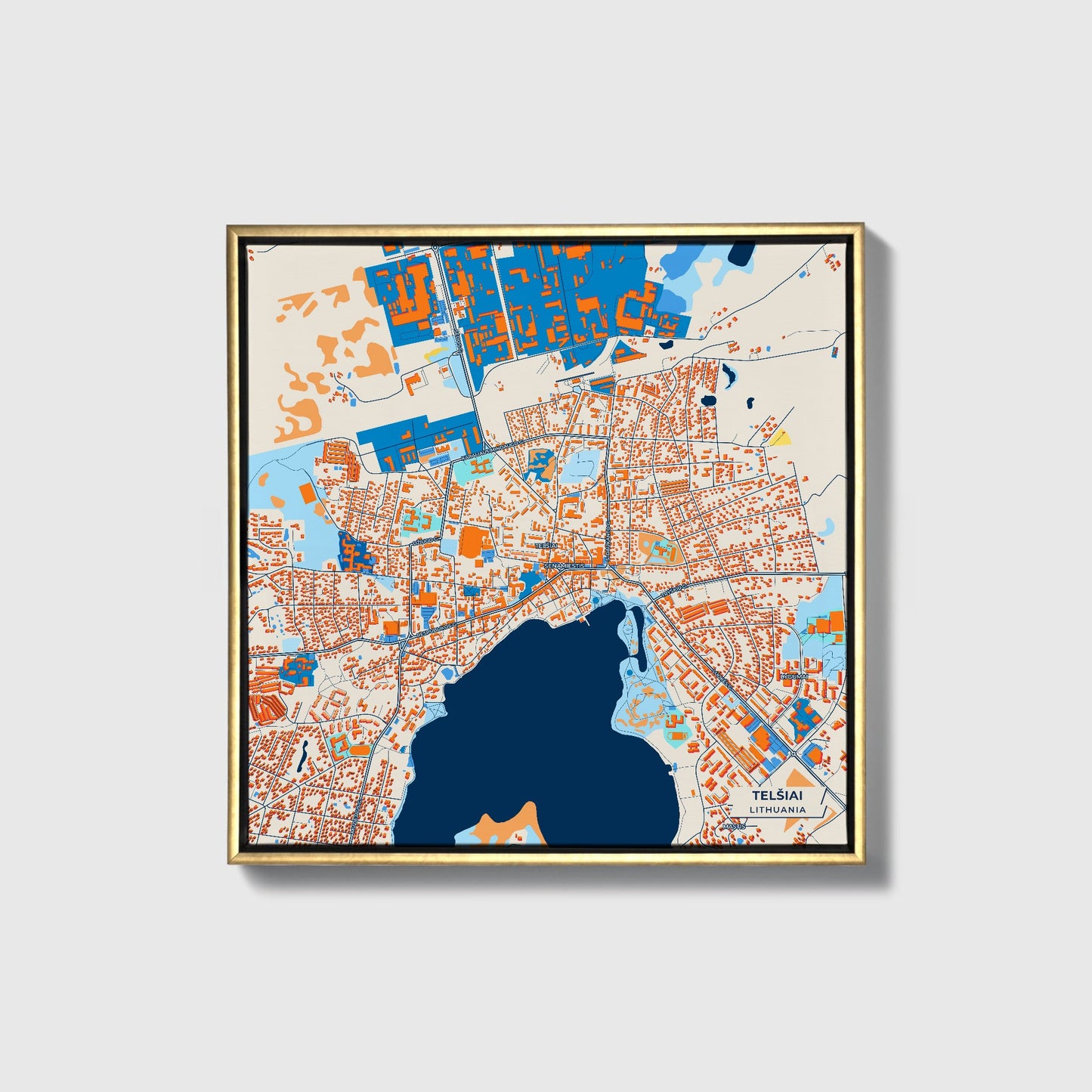 Telšiai Lithuania Colorful City Map Canvas Print • Gold Framed