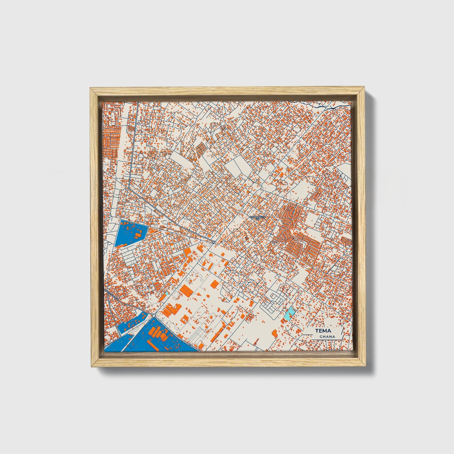 Tema Ghana Colorful City Map Canvas Print • Natural Wooden Framed