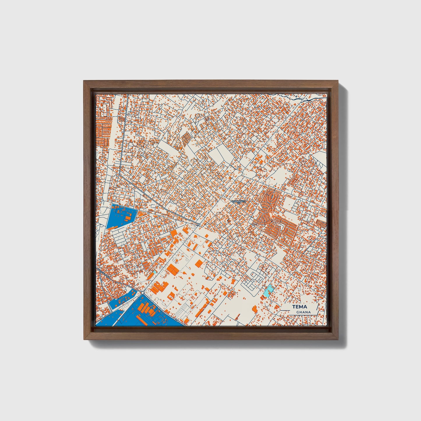 Tema Ghana Colorful City Map Canvas Print • Dark Wooden Framed