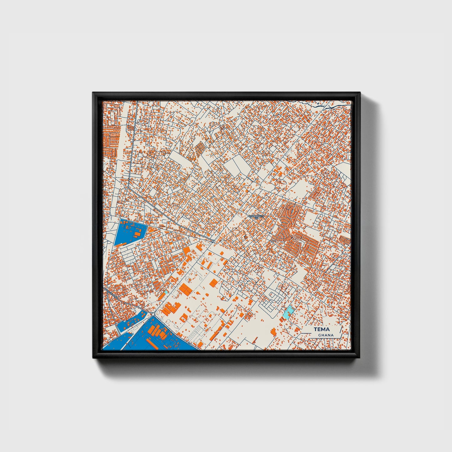 Tema Ghana Colorful City Map Canvas Print • Black Framed