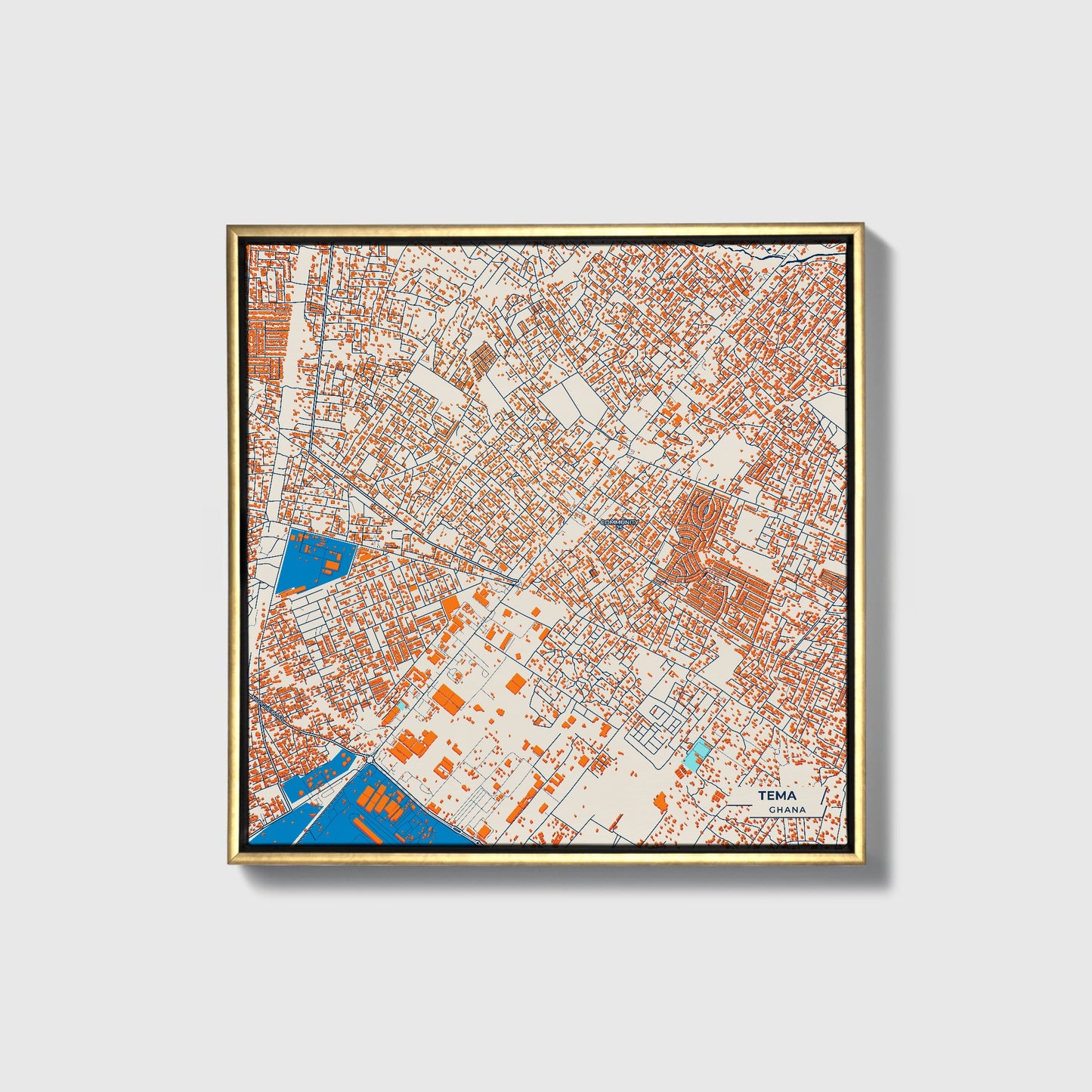 Tema Ghana Colorful City Map Canvas Print • Gold Framed