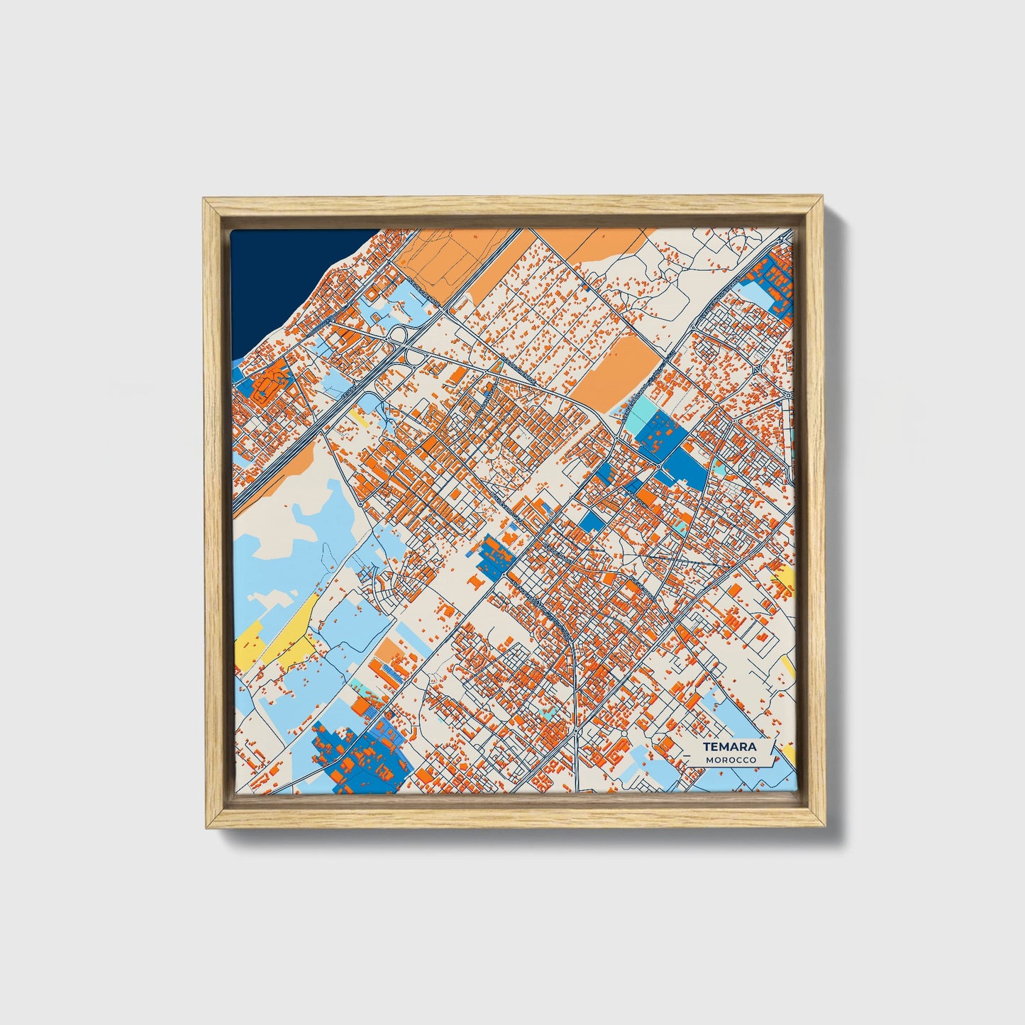 Temara Morocco Colorful City Map Canvas Print • Natural Wooden Framed