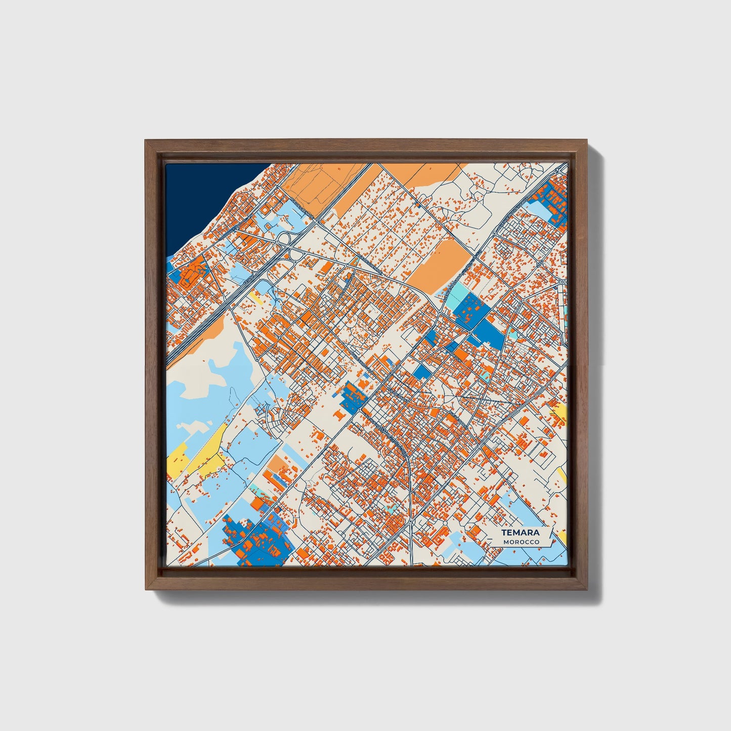 Temara Morocco Colorful City Map Canvas Print • Dark Wooden Framed